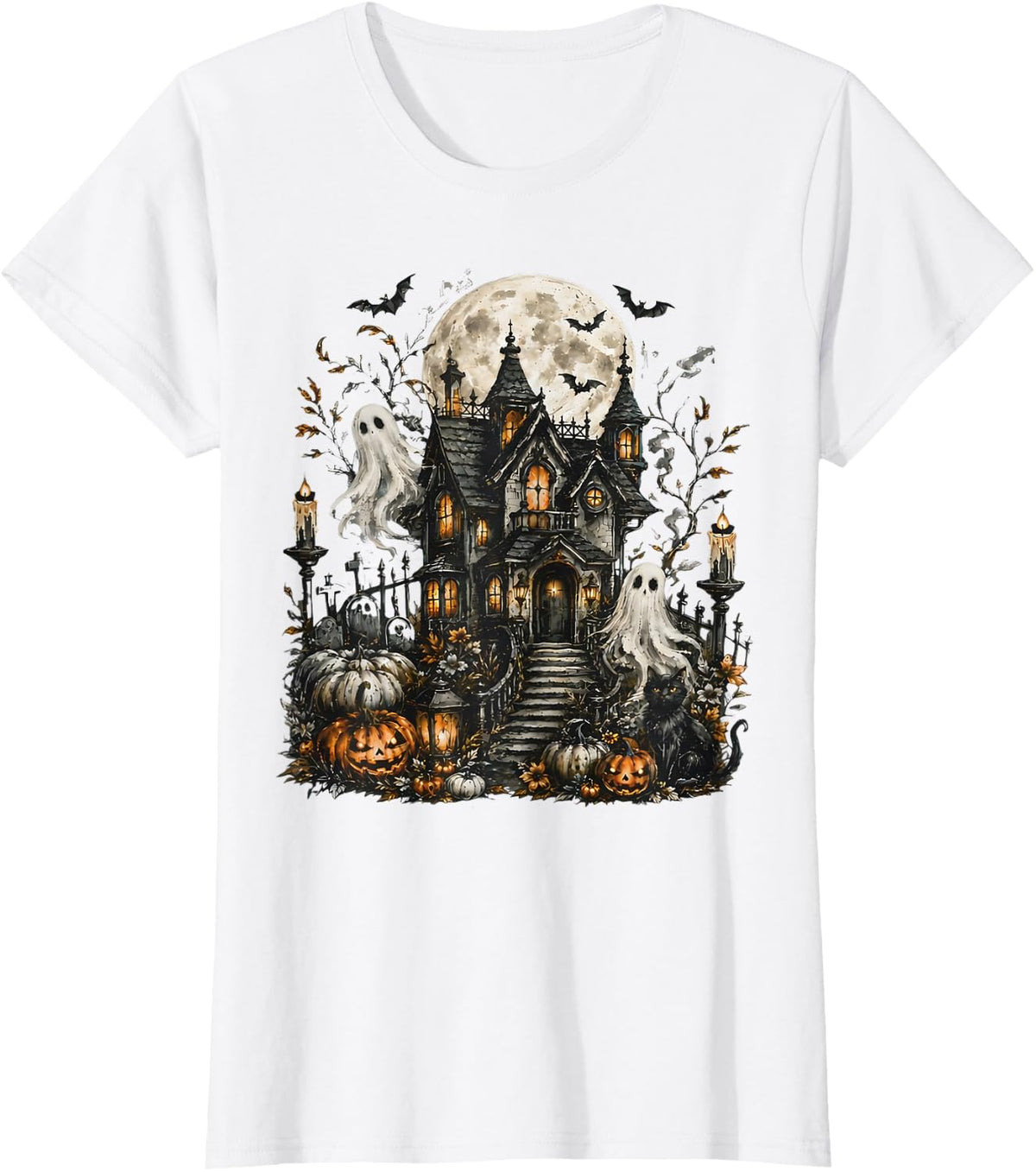 Vintage Ghost Boo Haunted House Halloween Spooky Pumpkin T-Shirt - White