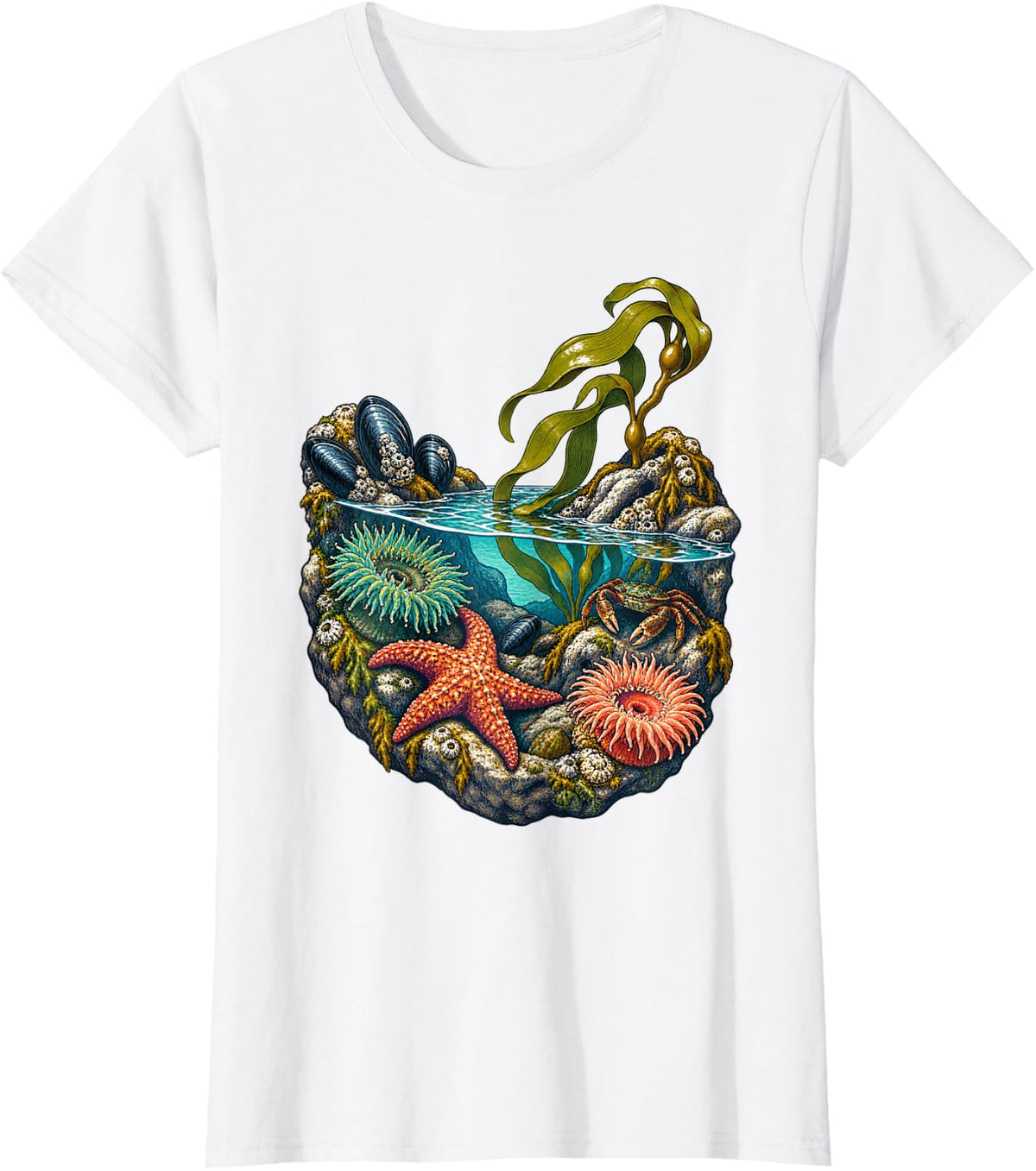Tidepool Coastal Life Cutaway Art T-Shirt - White