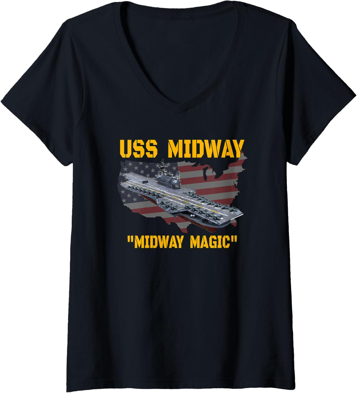 Women's USS Midway Aircraft Carrier Veterans Day Fathers Day Grandpa V-Neck T-Shirt - Black