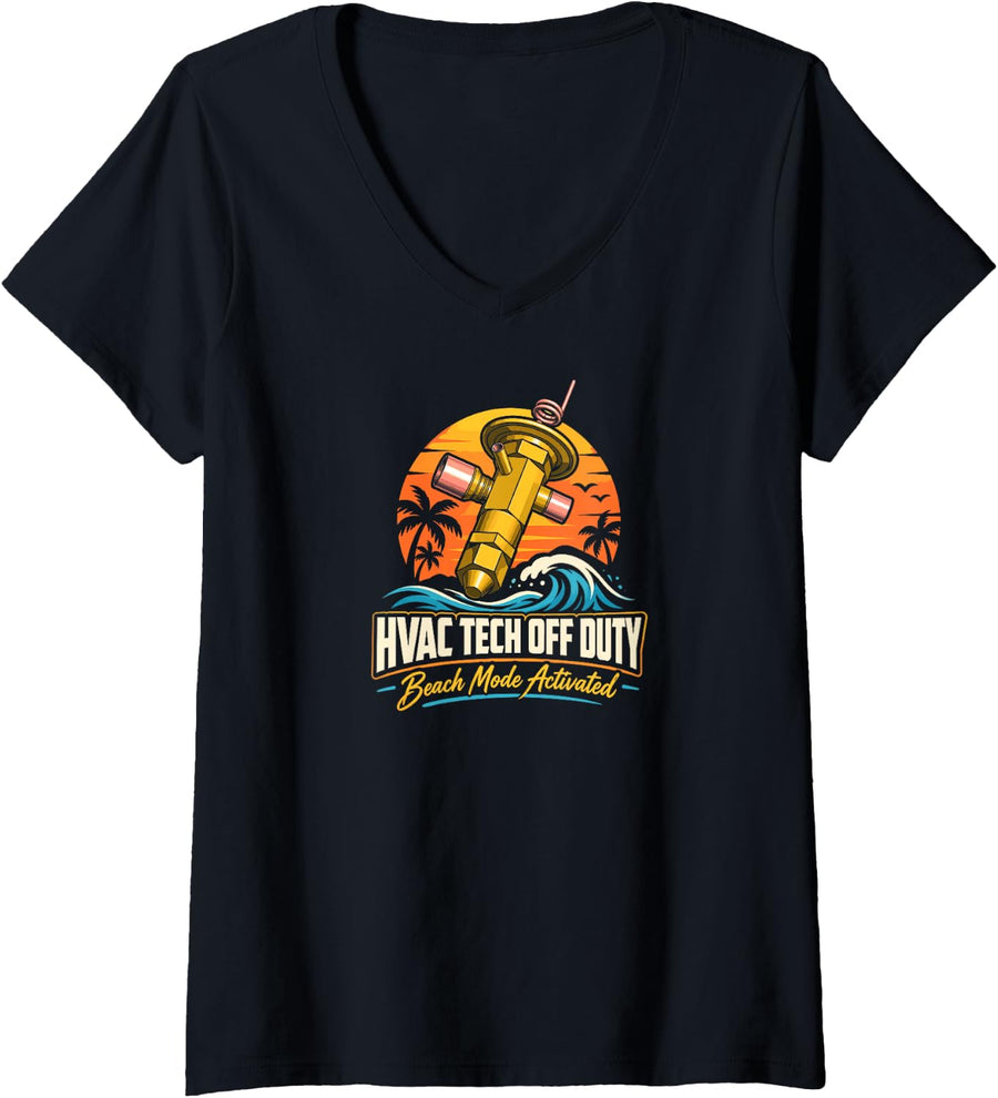 Women's HVAC Tech Vacation Beach TXV Cool V-Neck T-Shirt - Black