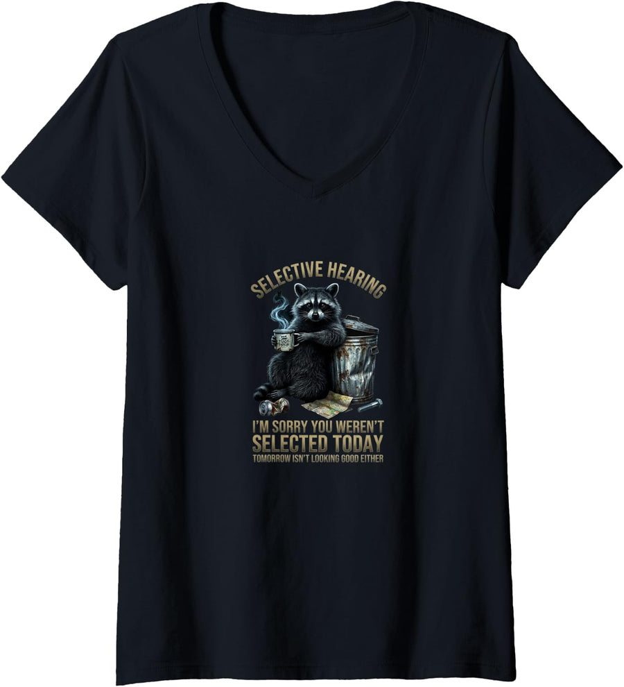 Women's Selective Hearing Raccoon Trash Panda Coffee Humor V-Neck T-Shirt - Black