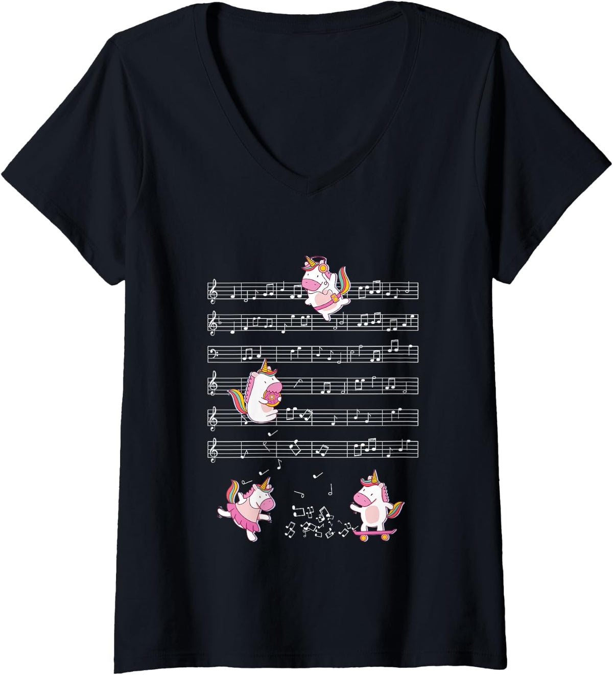 Women's Cute Unicorns Playing Music Note Clef Musician Art V-Neck T-Shirt - Black