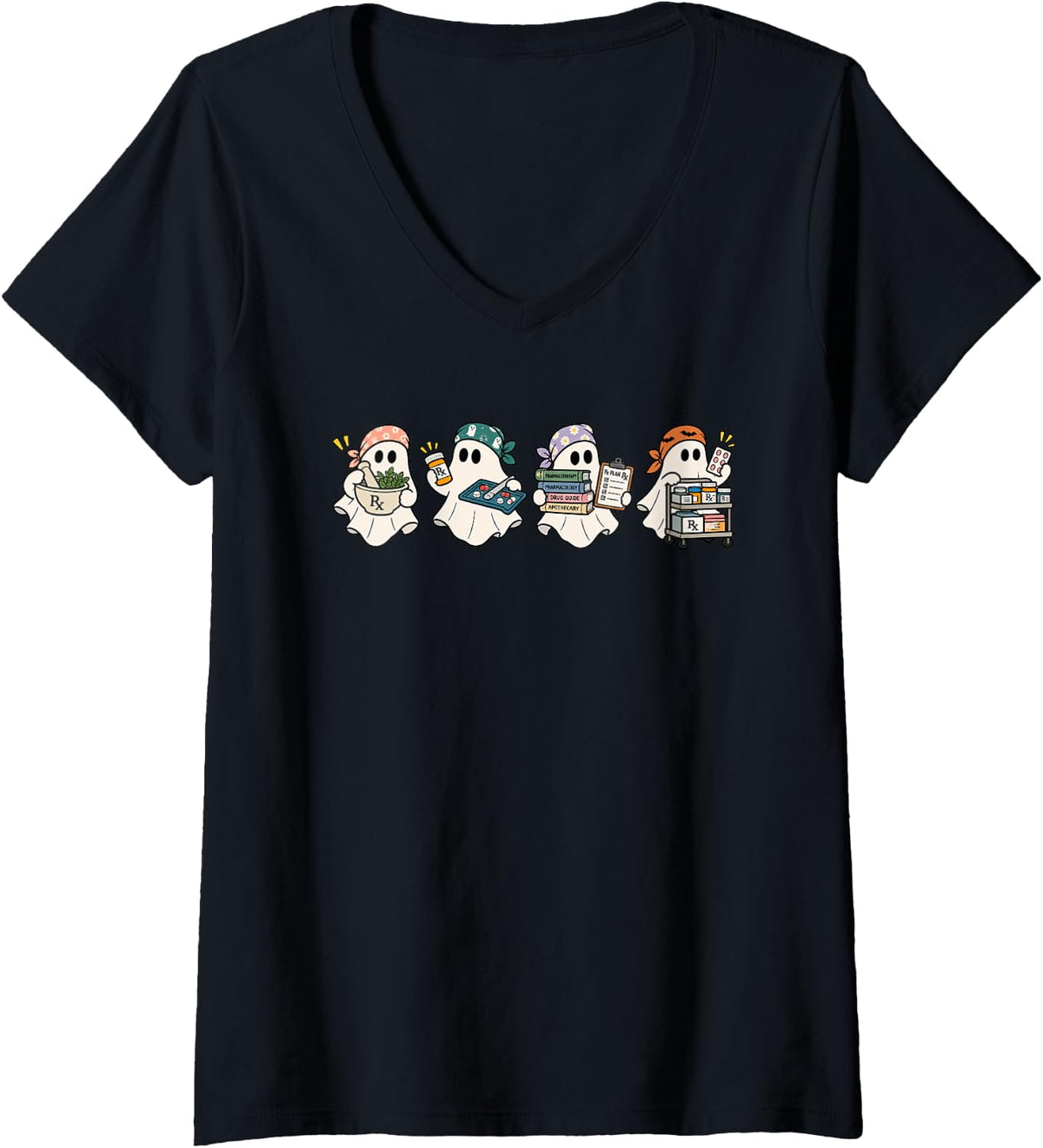 Women's Halloween Pharmacist Ghost Rx Spooky Pharmacy Tech V-Neck T-Shirt - Black