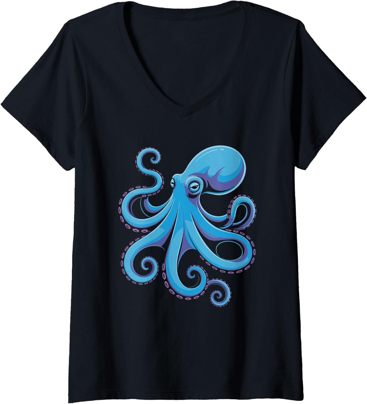 Women's Vivid Blue Octopus Nautical Artwork V-Neck T-Shirt - Black