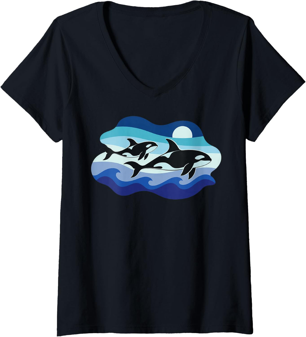Women's Retro Orca Killer Whale Ocean Surf Wave V-Neck T-Shirt - Black