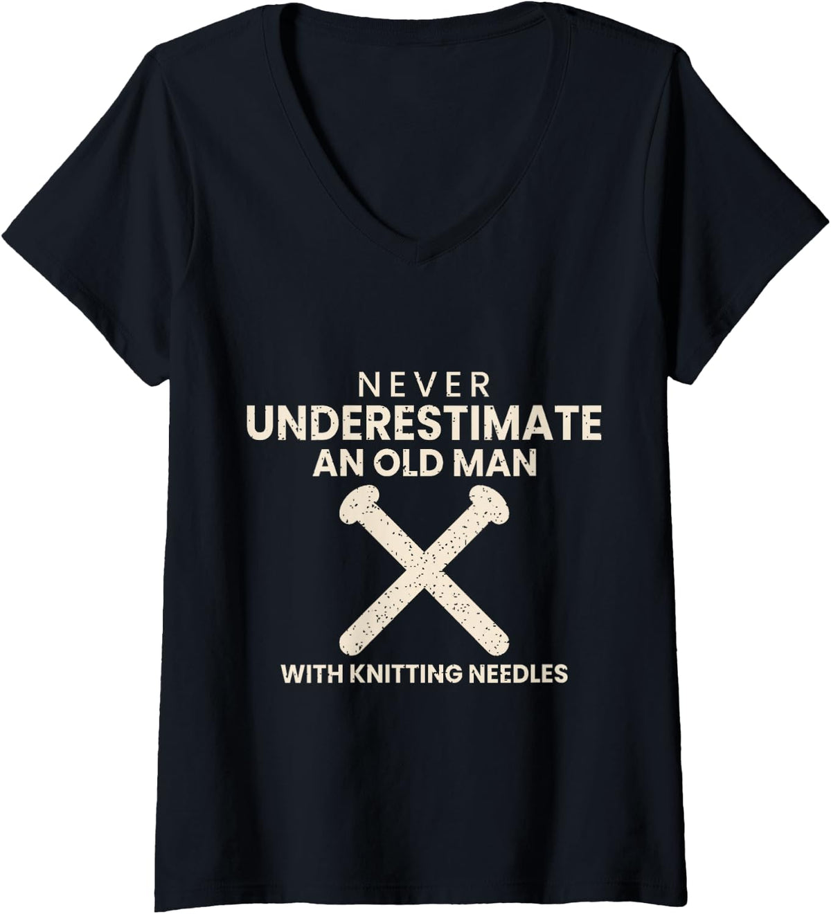 Women's Never Underestimate an Old Man with Knitting Needles V-Neck T-Shirt - Black