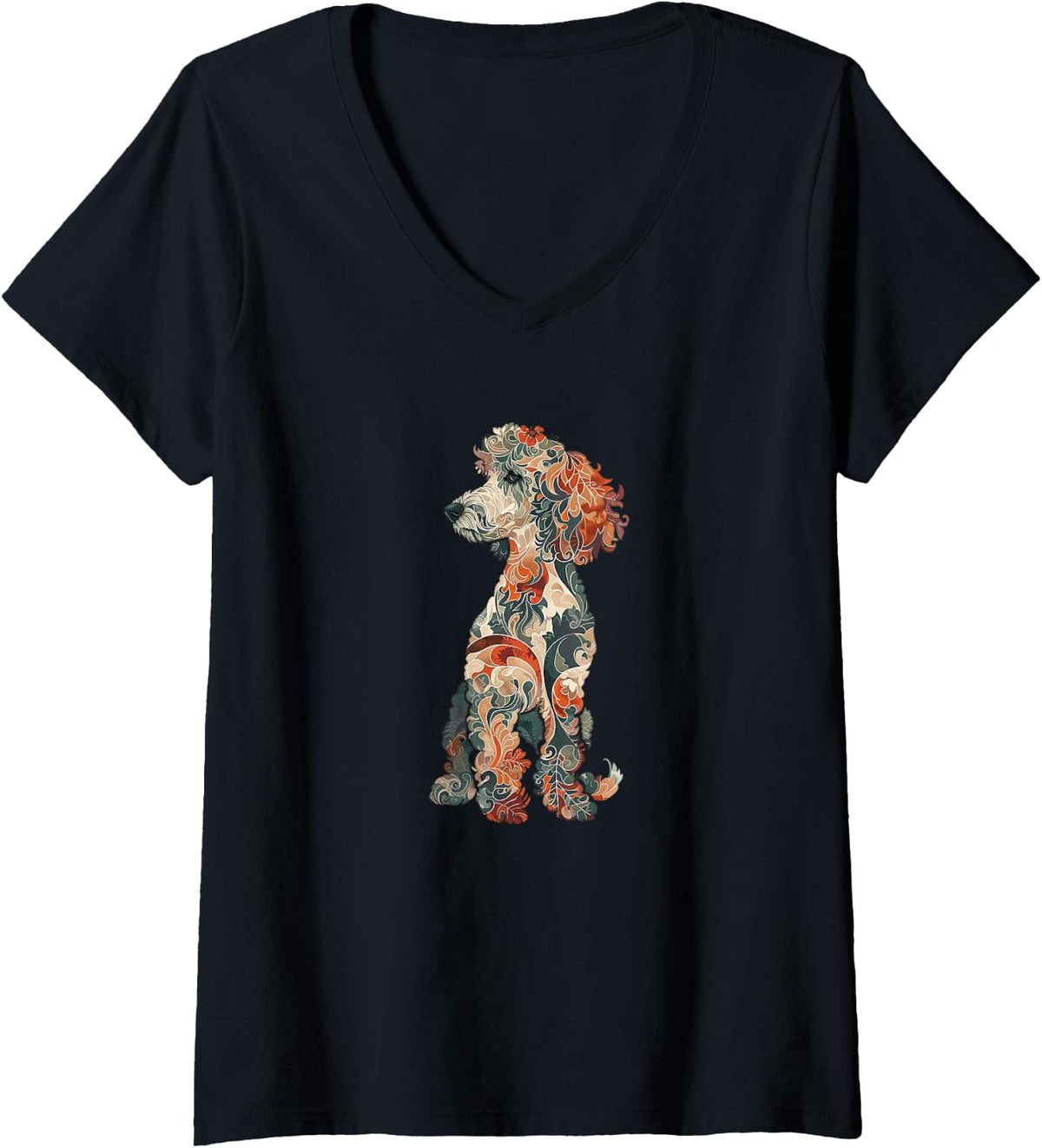 Women's Womens & Girls Multicolored Cute Folk Art Poodle Lover V-Neck T-Shirt - Black