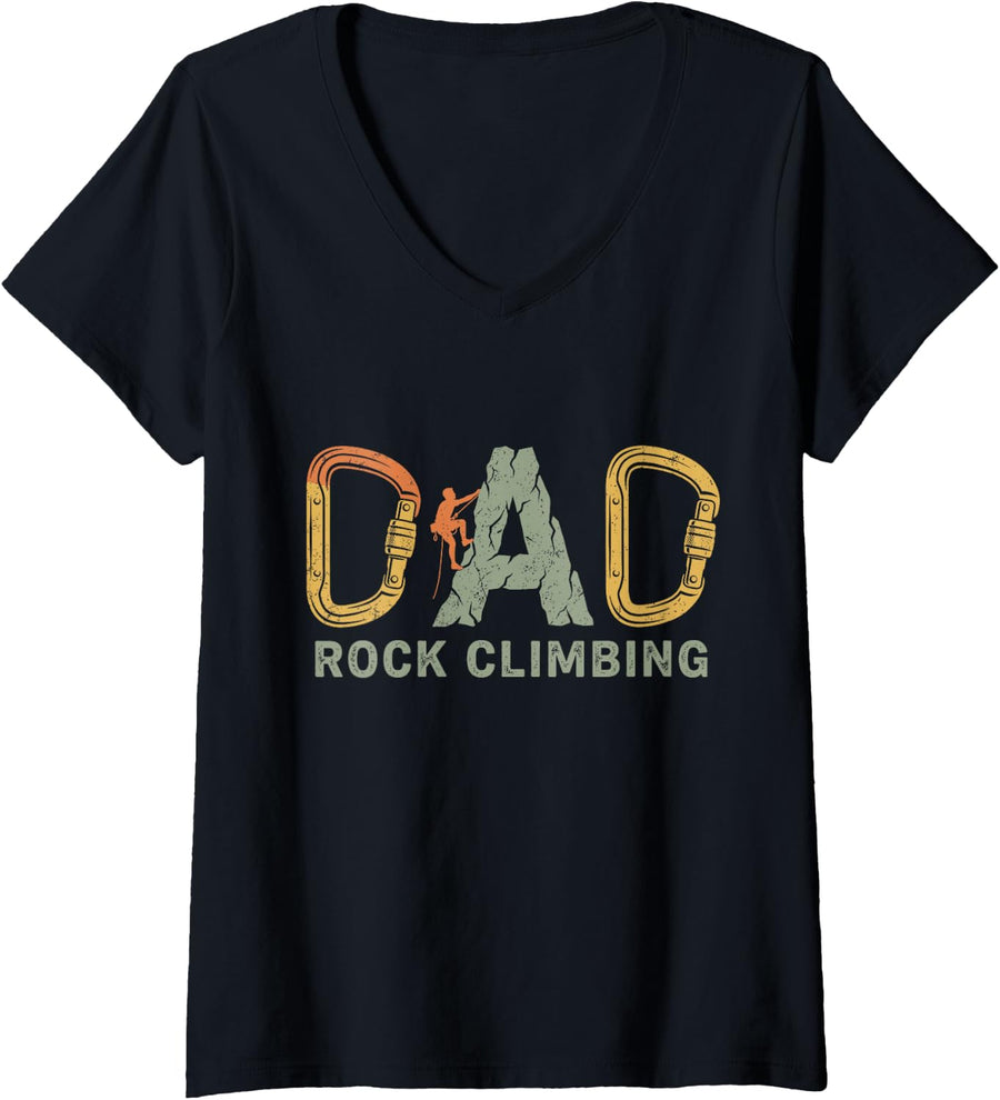 Women's Climbing Dad Rock Climber Mountaineering Bouldering Father V-Neck T-Shirt - Black