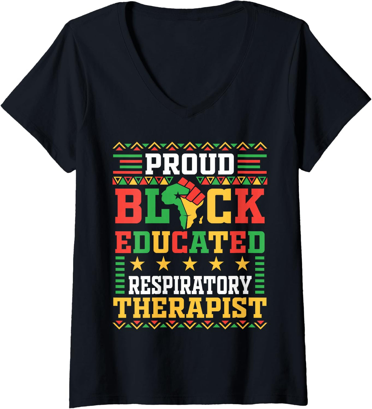 Women's Proud Black Educated Respiratory Therapist Afro Juneteenth V-Neck T-Shirt - Black