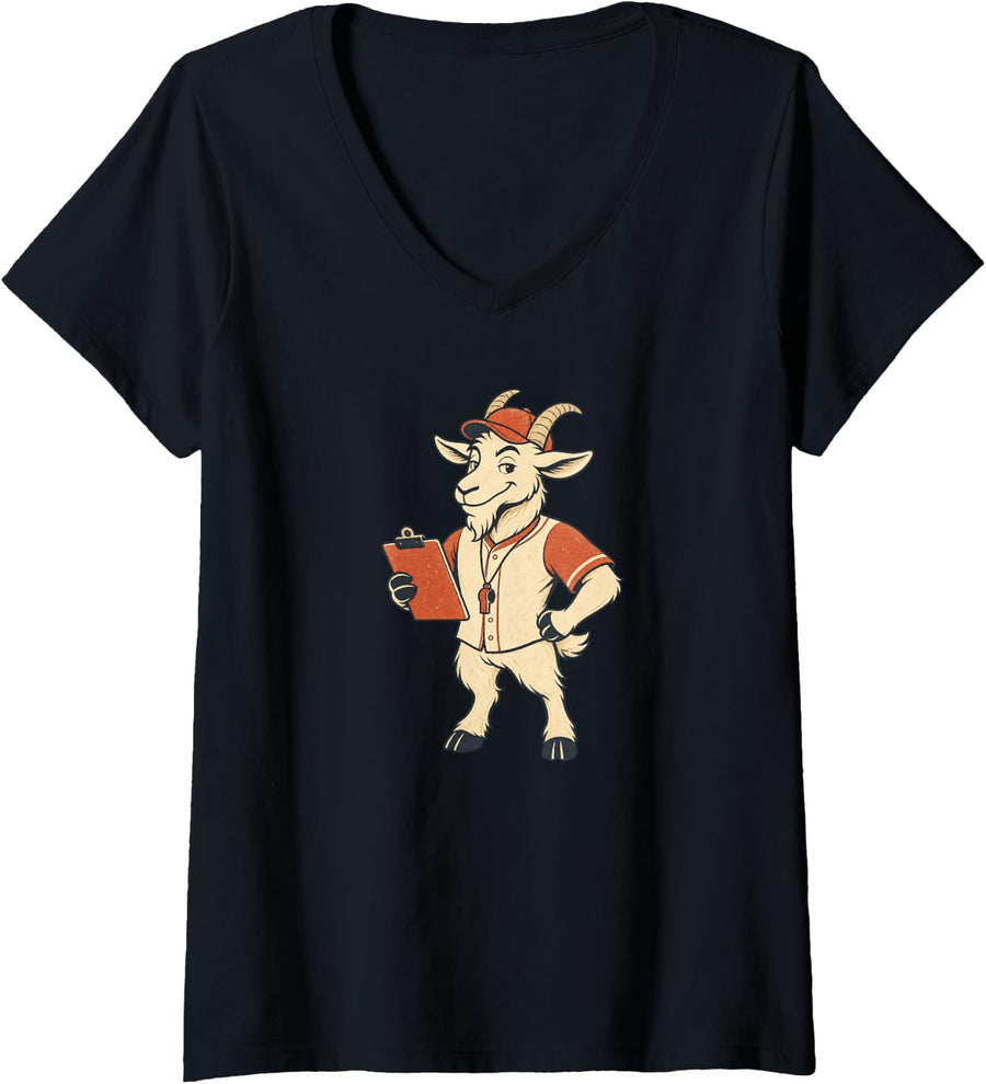 Women's Baseball Coach Goat Clipboard Dugout Boss Men Women V-Neck T-Shirt - Black