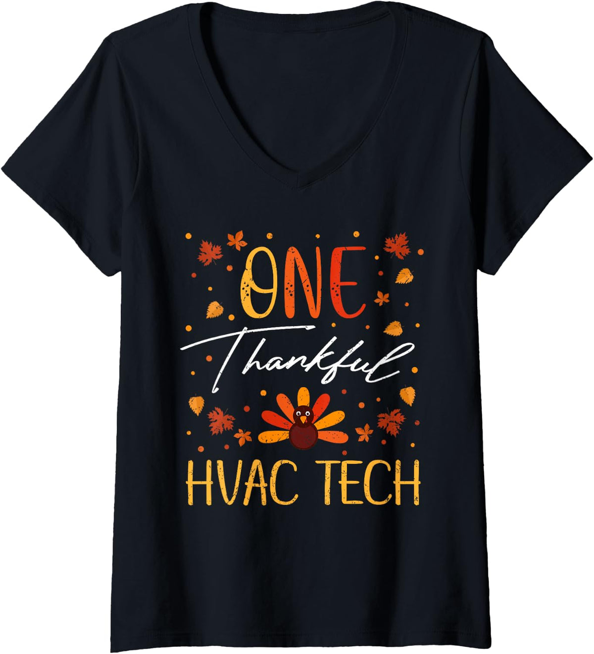 Women's One Thankful HVAC Tech Thanksgiving Vintage Fall V-Neck T-Shirt - Black