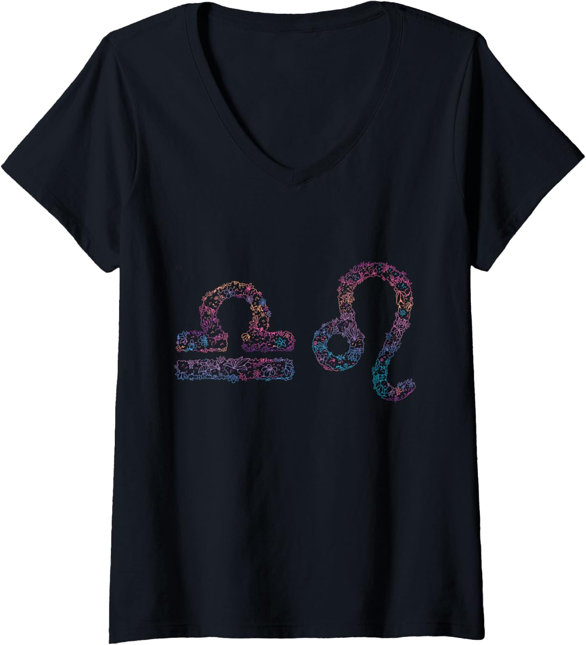 Women's Astrology Love Horoscope Signs Libra and Leo Couple V-Neck T-Shirt - Black