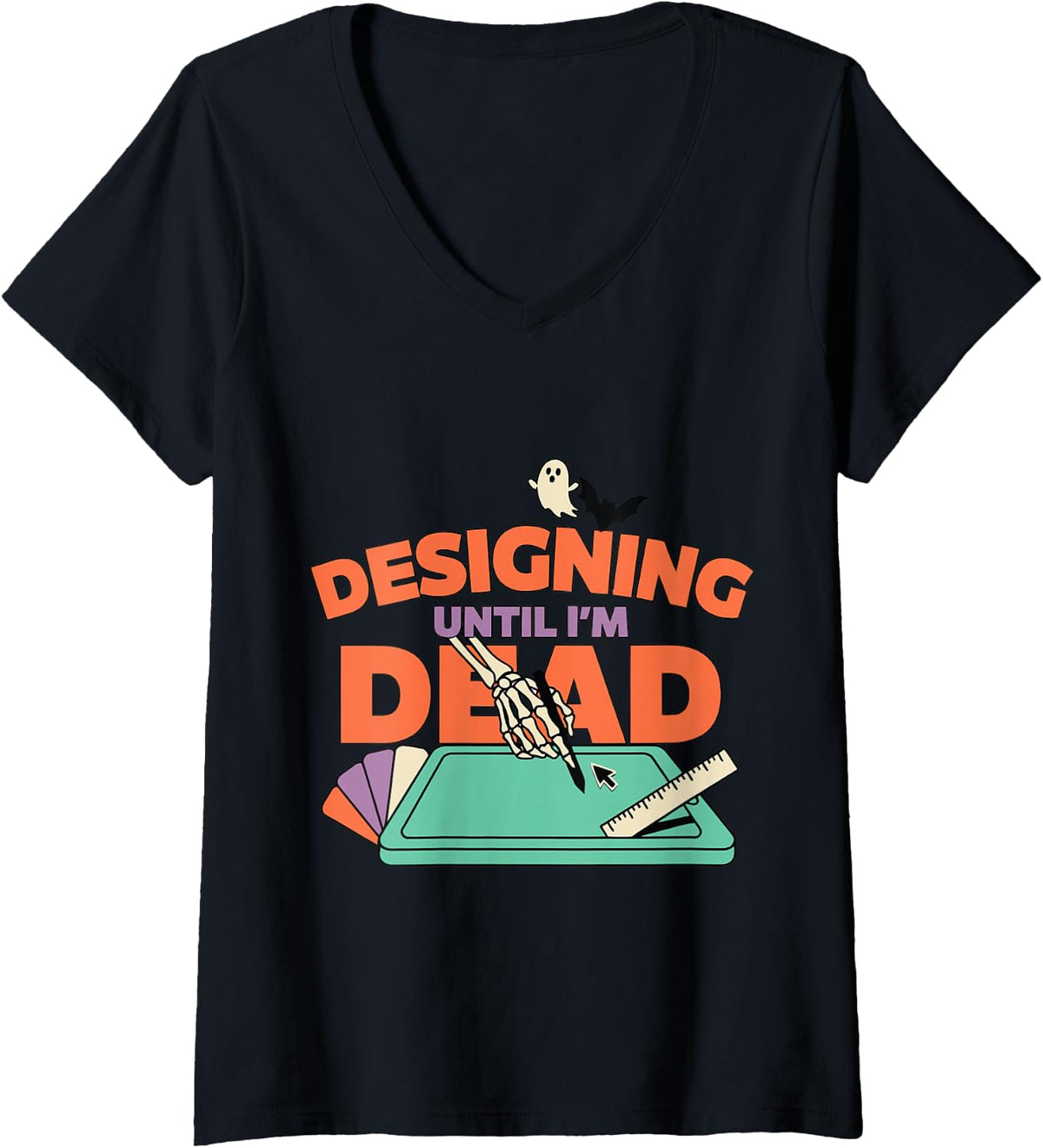 Women's Halloween Graphic Designer V-Neck T-Shirt - Black
