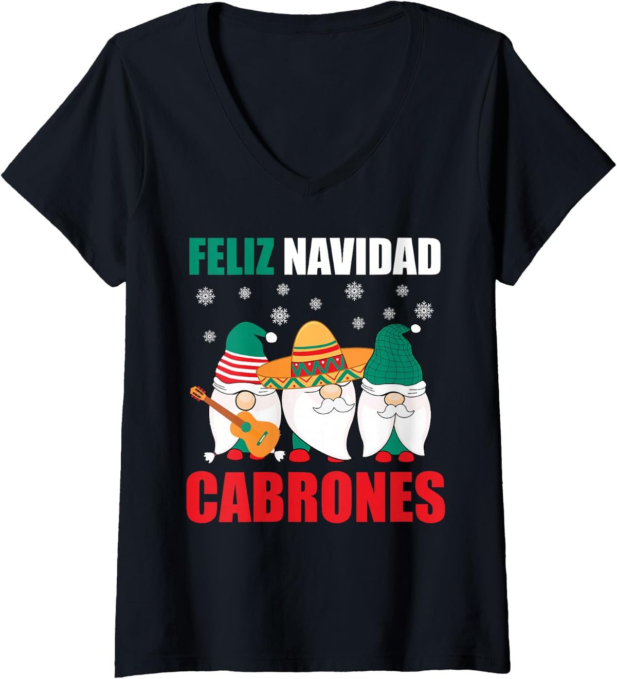 Women's Funny Mexican Christmas Gnomes Feliz Navidad Cabrones Mexico V-Neck T-Shirt - Black