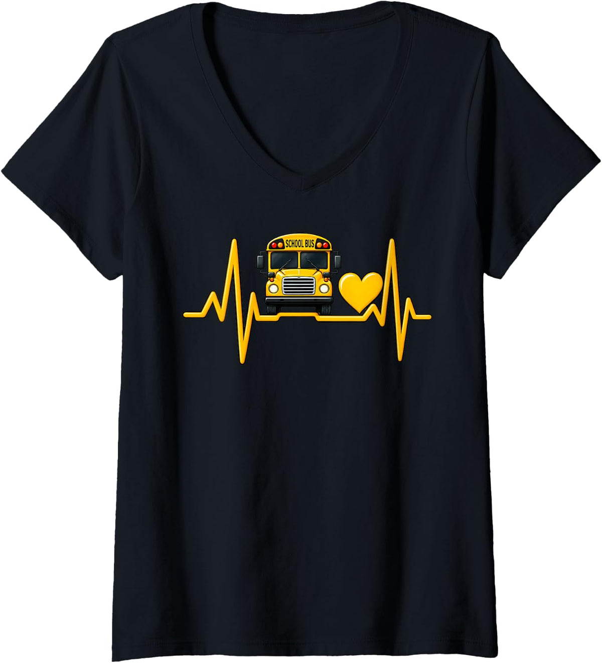 Women's School Bus Heartbeat V-Neck T-Shirt - Black