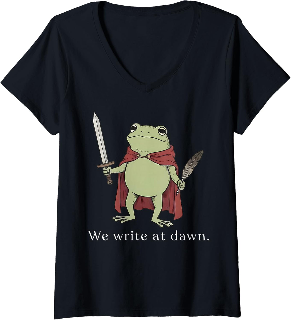 Women's We Write At Dawn Frog Funny Author Creative Writing V-Neck T-Shirt - Black
