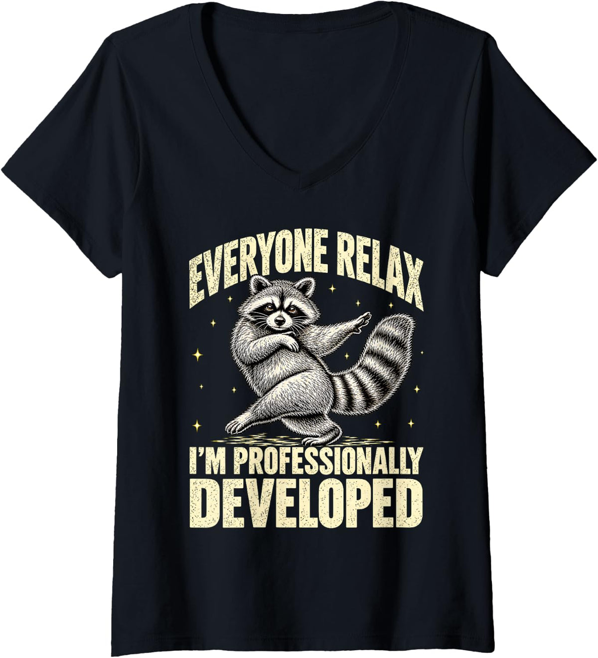 Women's Everyone Relax I'm Professionally Developed Funny Raccoon V-Neck T-Shirt - Black
