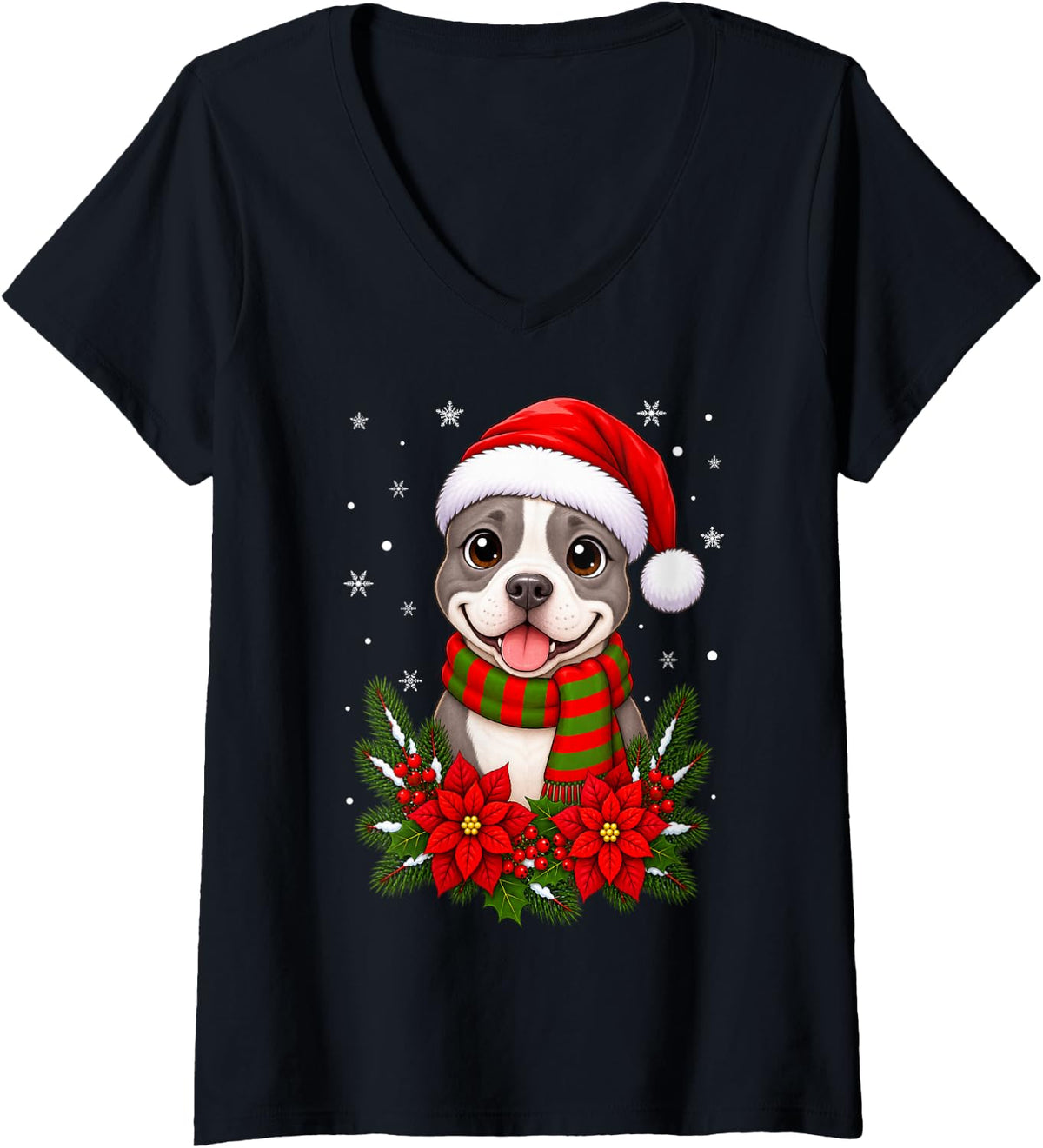 Women's Cute Santa Hat American Staffordshire Terrier Dog Christmas V-Neck T-Shirt - Black