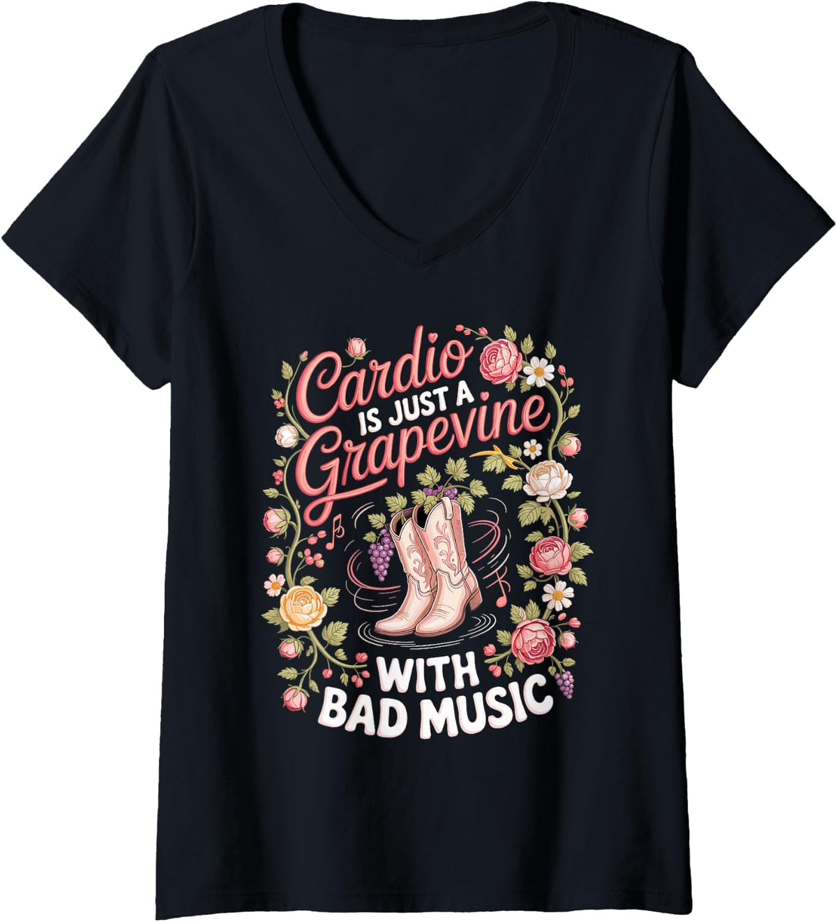 Women's Cardio is Just A Grapevine with Bad Music Line Dancing V-Neck T-Shirt - Black