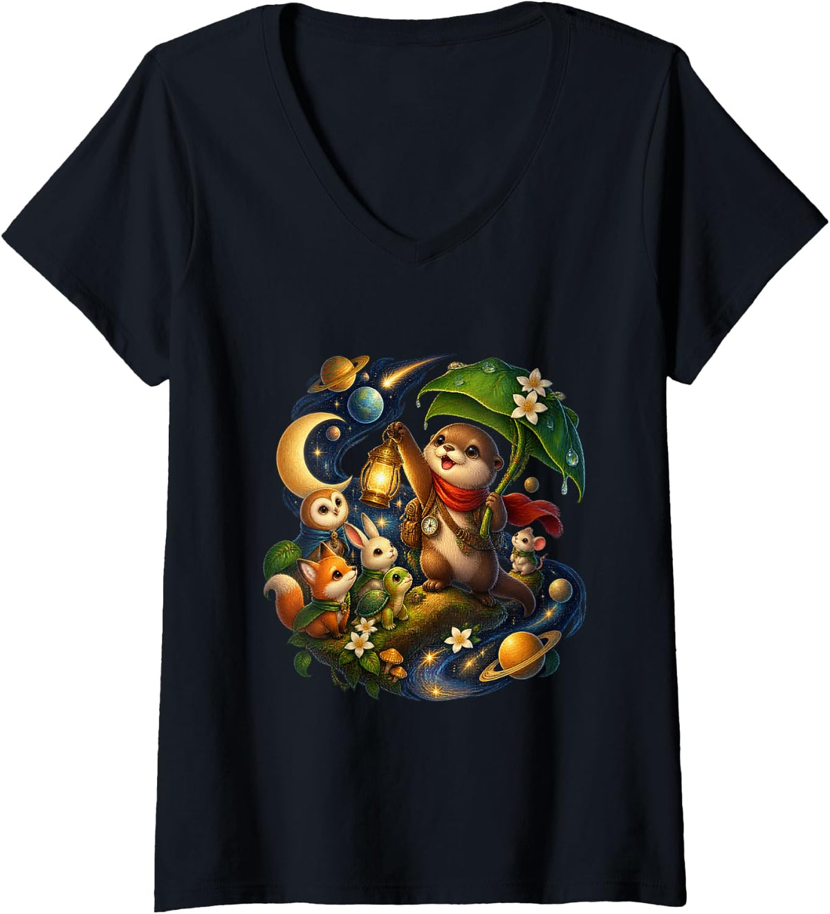 Women's Otter Pup Cosmic Lantern Friends V-Neck T-Shirt - Black