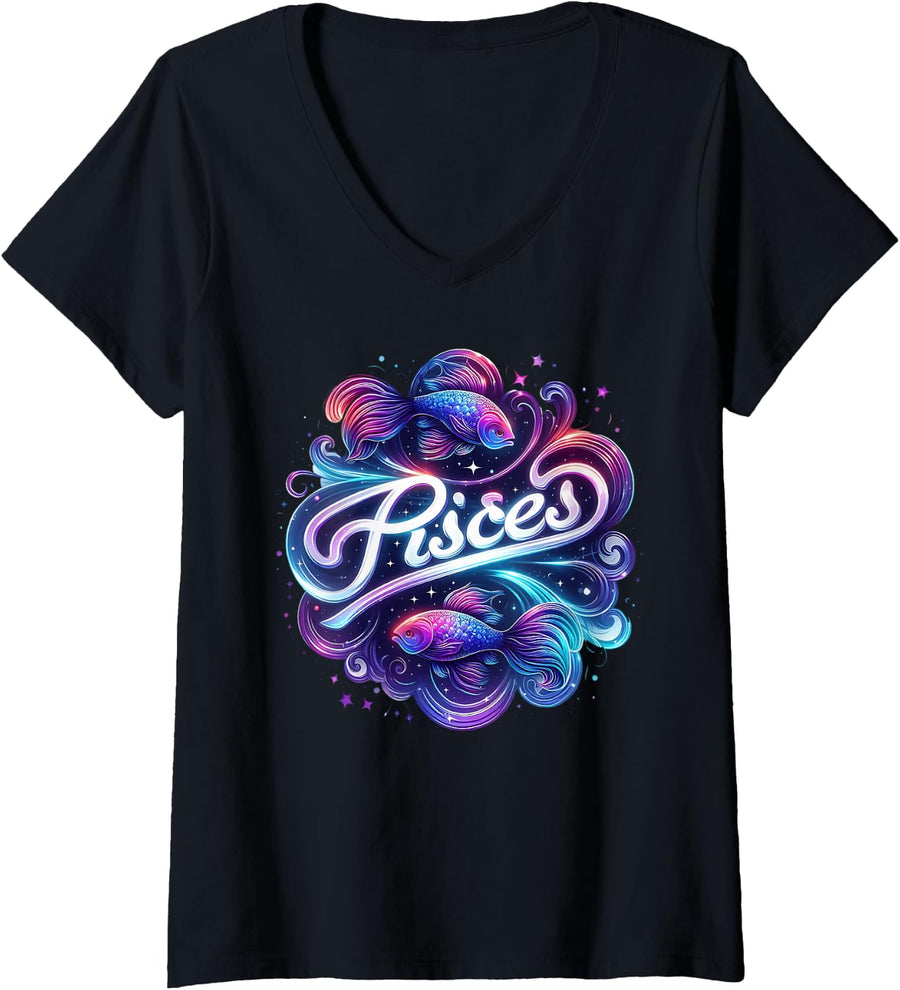 Women's Vibrant Pisces Zodiac Sign Astrology Fish V-Neck T-Shirt - Black