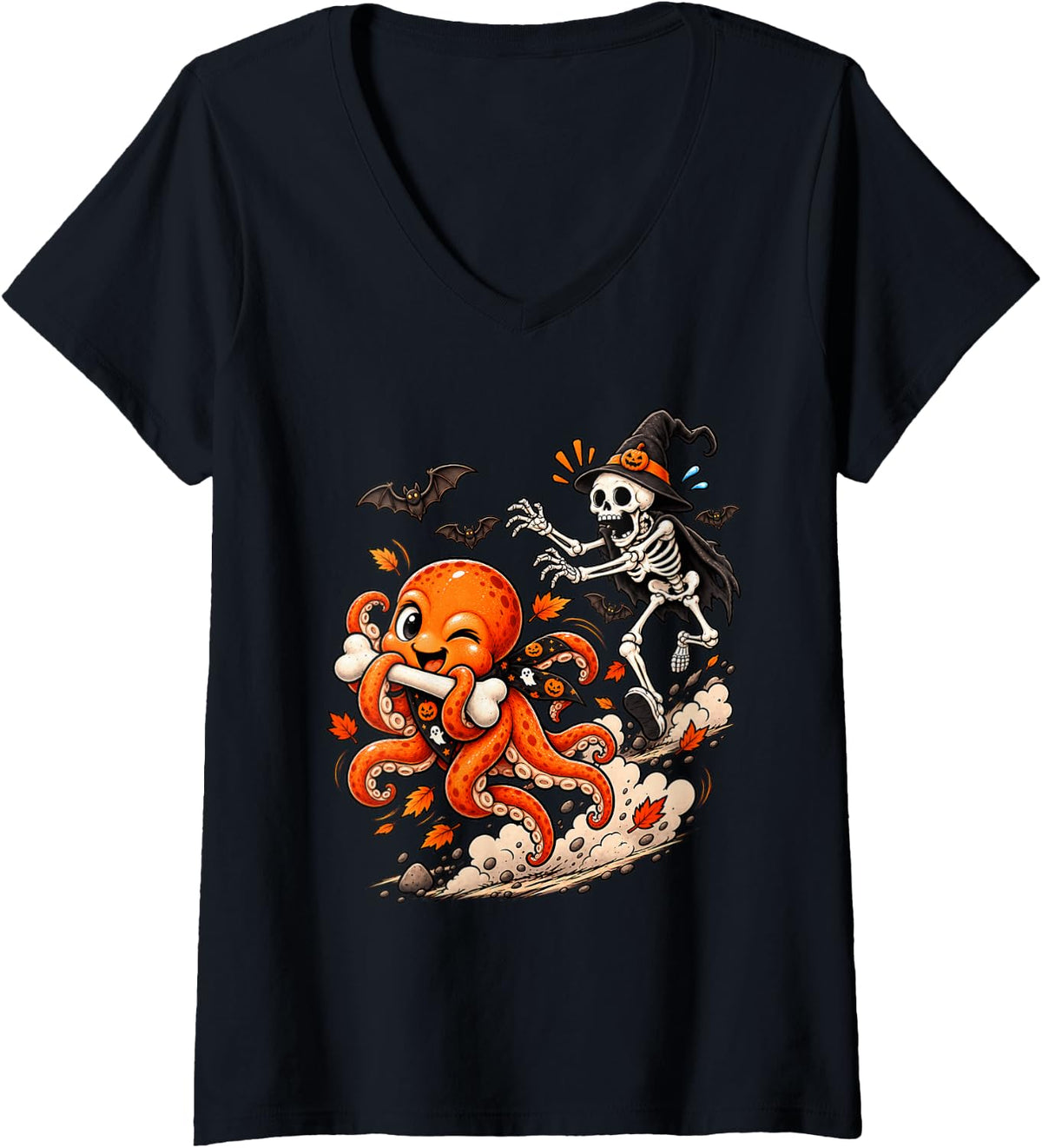 Women's Funny Octopus Chased by Witch Skeleton Halloween Men Women V-Neck T-Shirt - Black