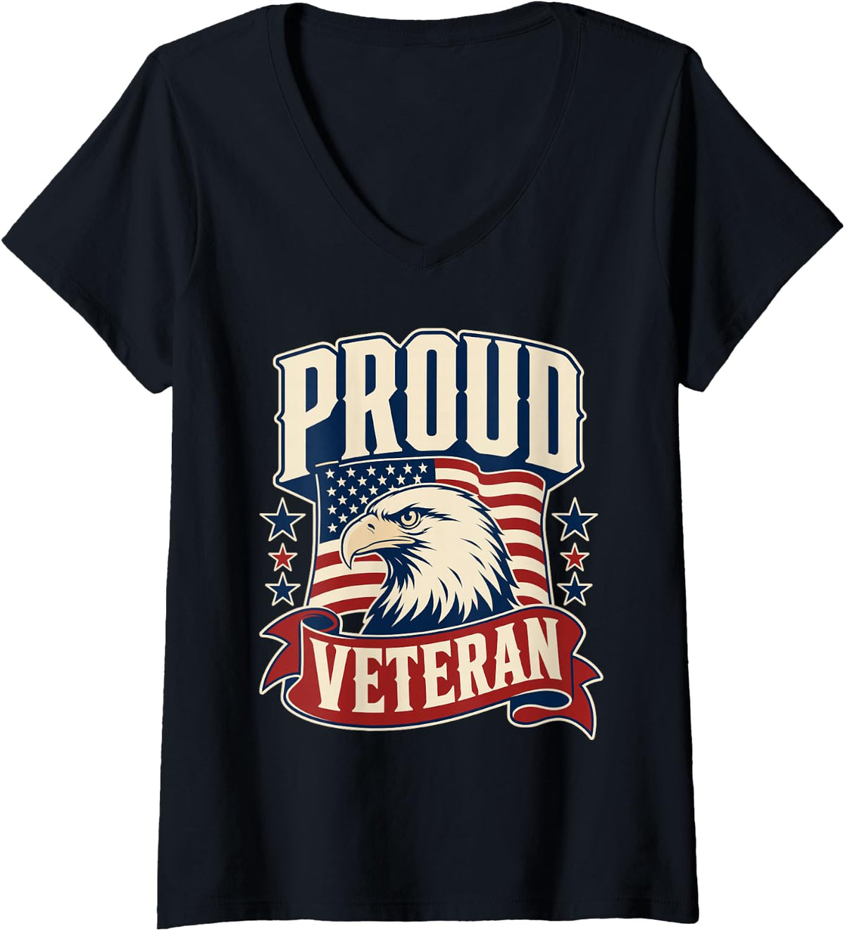 Women's Proud Veteran Bald Eagle Vintage Badge V-Neck T-Shirt - Black