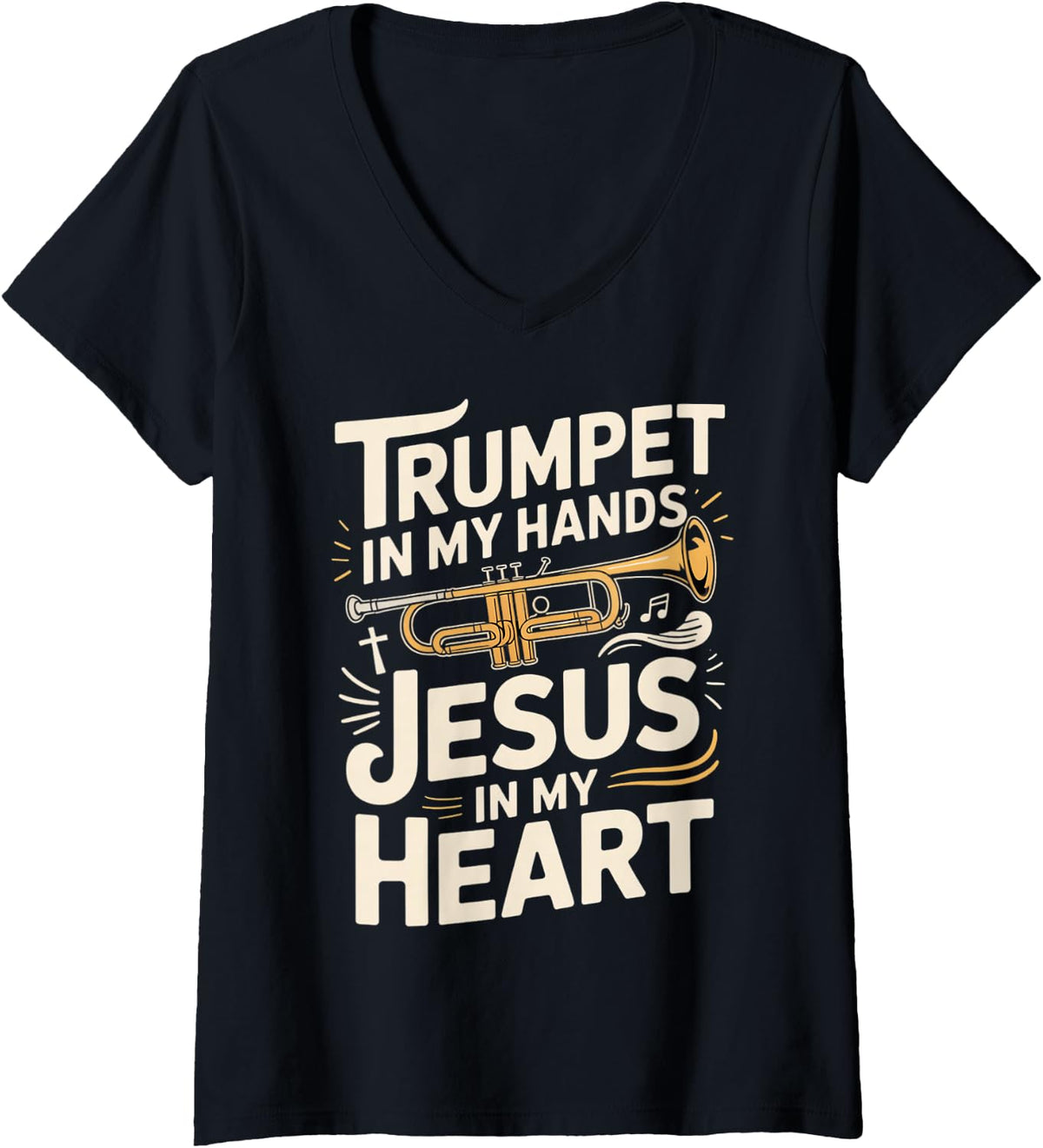 Women's Christian Trumpet Player Jesus Christ Brass Band Trumpeter V-Neck T-Shirt - Black