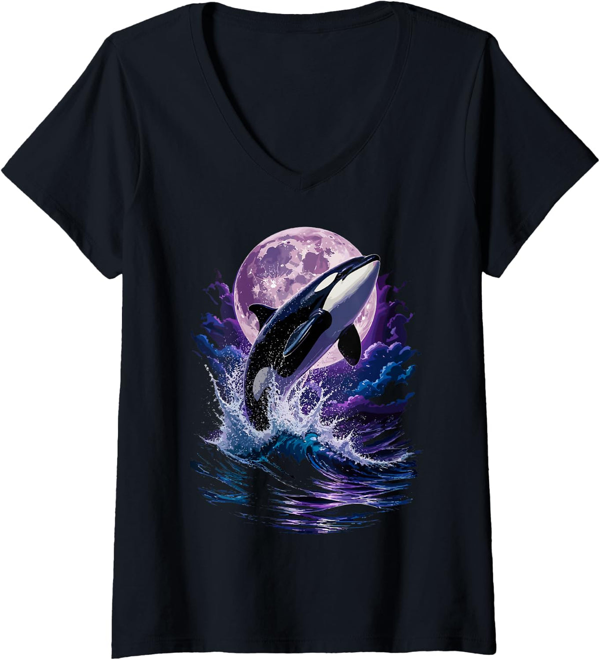 Women's Orca Vaporwave Killer Whale V-Neck T-Shirt - Black