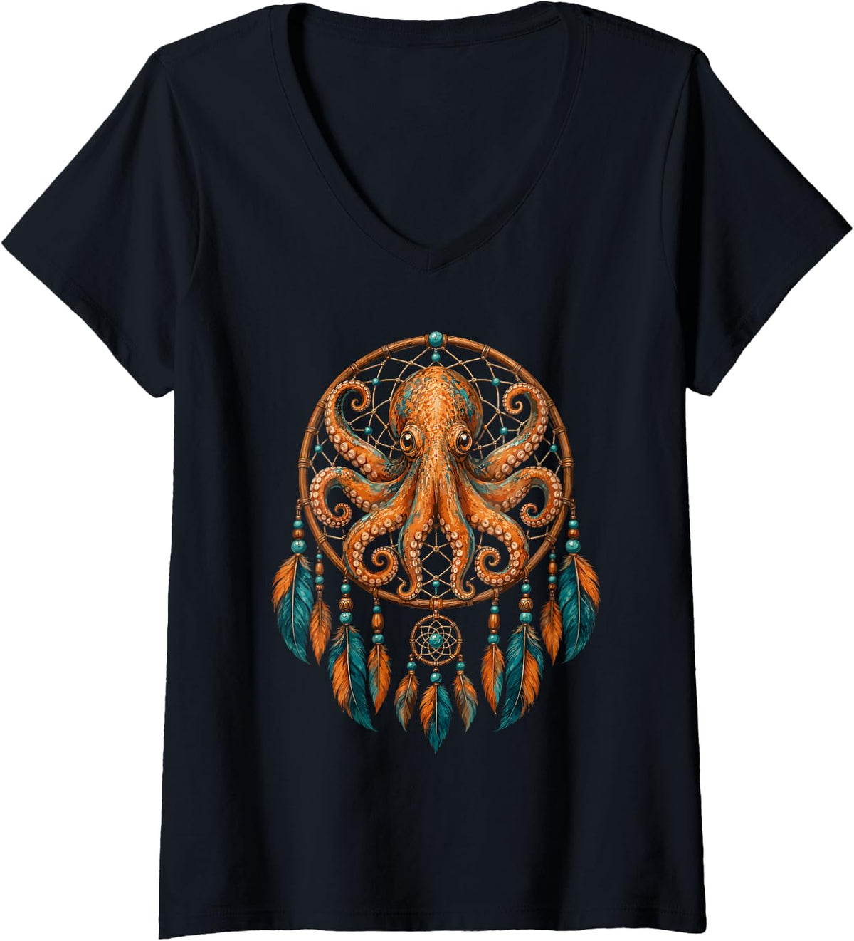 Women's Dreamcatcher Feather Art - Octopus V-Neck T-Shirt - Black