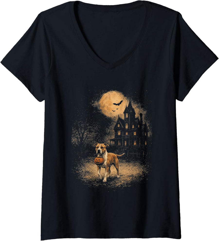 Women's Vintage American Staffordshire Terrier Halloween Funny Dog V-Neck T-Shirt - Black
