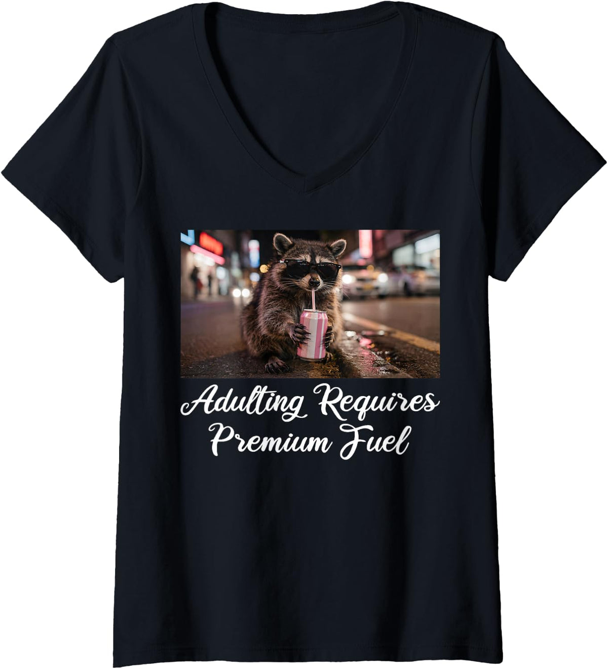 Women's Adulting Requires Premium Fuel Funny Raccoon Meme V-Neck T-Shirt - Black