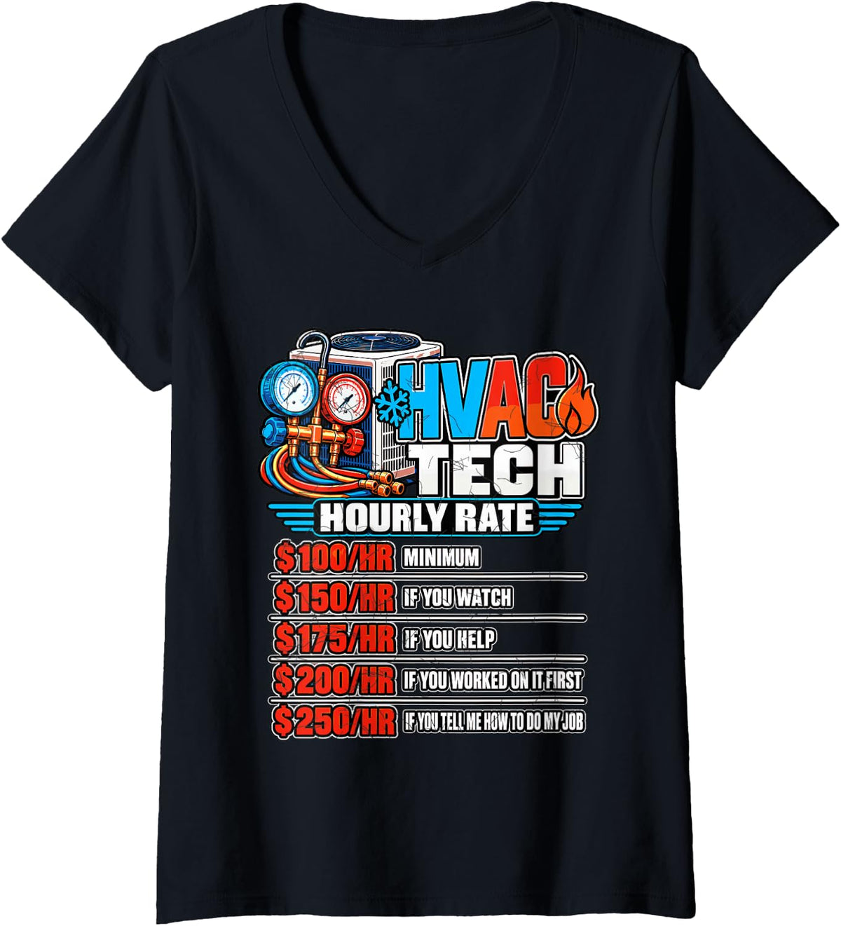 Women's HVAC Tech Hourly Rates V-Neck T-Shirt - Black