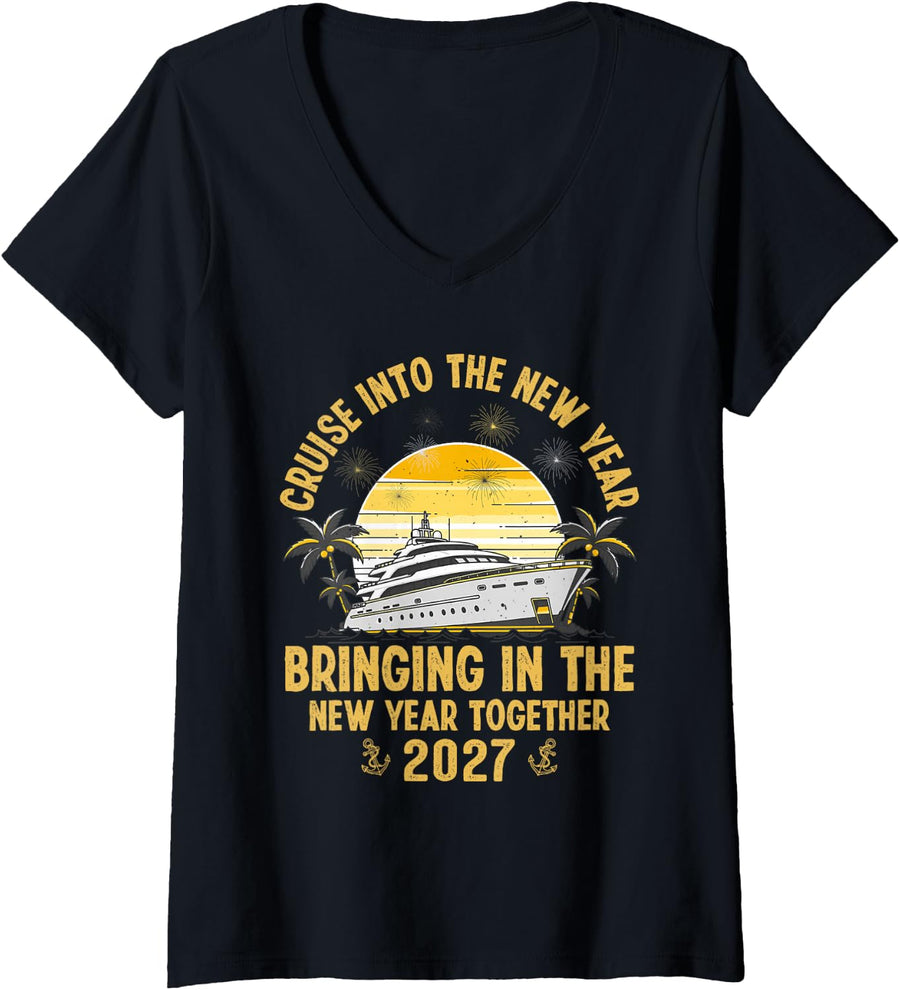 Women's Cruise Into the New Year 2027 Bringing in the New Year V-Neck T-Shirt - Black