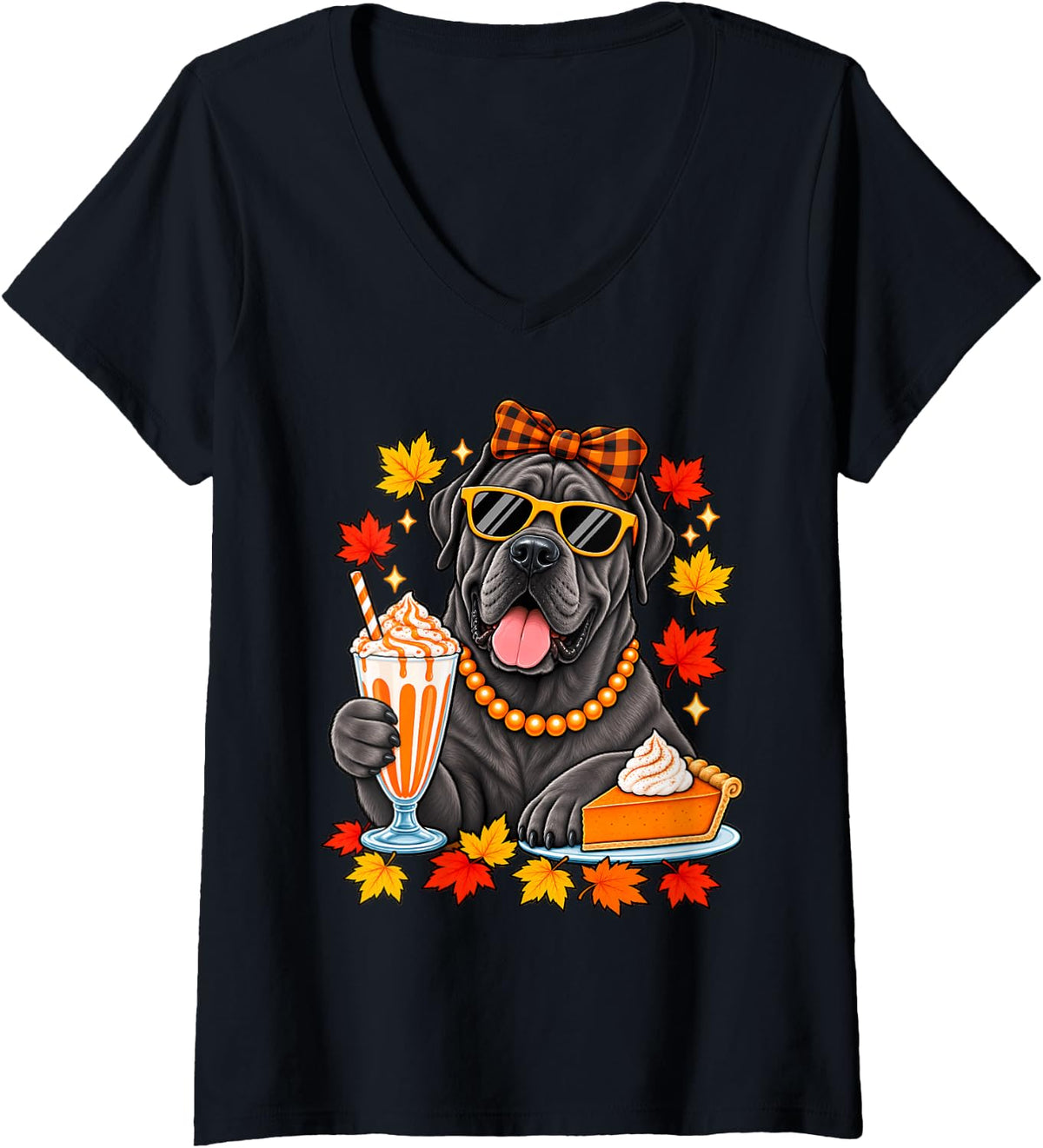 Women's Cane Corso Dog Bow Fall Autumn Leaves Thanksgiving V-Neck T-Shirt - Black