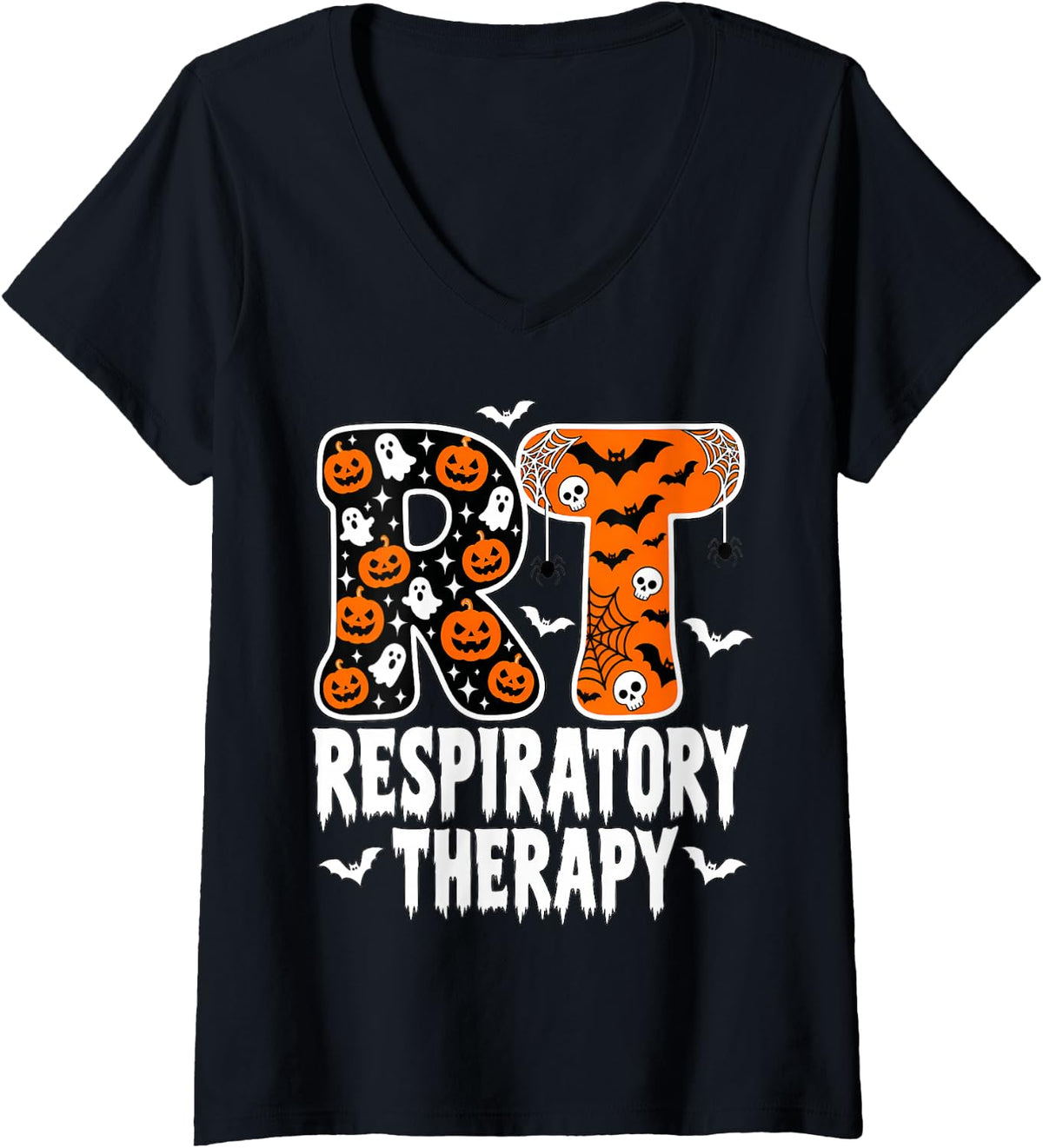 Women's RT Respiratory Therapy Practitioner Nurse Halloween Fall V-Neck T-Shirt - Black