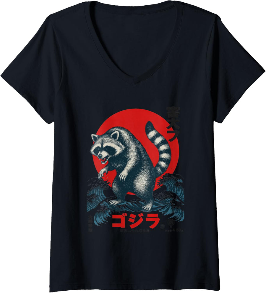 Women's Raccoon Japanese Kaiju Style Retro Trash Panda V-Neck T-Shirt - Black