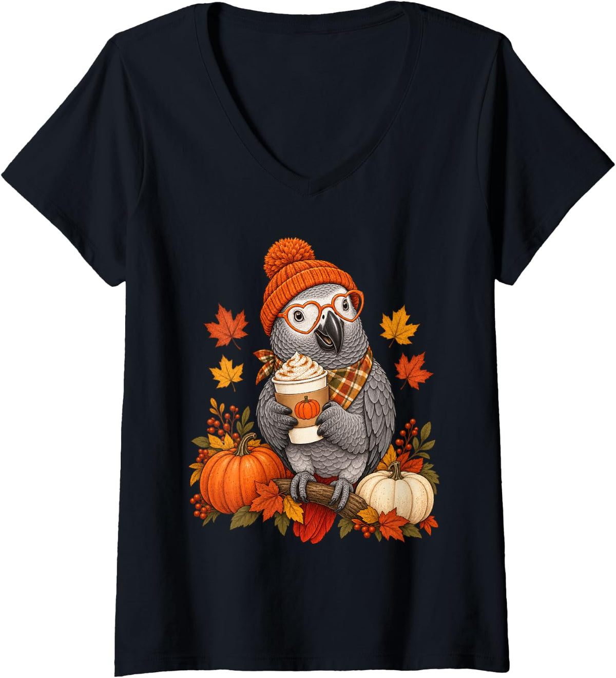Women's African Grey Parrot Fall Autumn Season Pumpkin Spice Bird V-Neck T-Shirt - Black