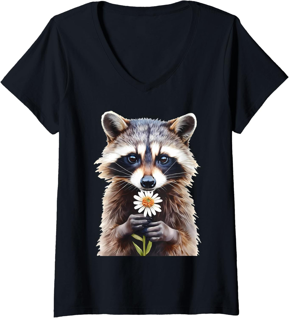 Women's Cute Raccoon Holding Daisy Flower Trash Panda Gardener Lover V-Neck T-Shirt - Black