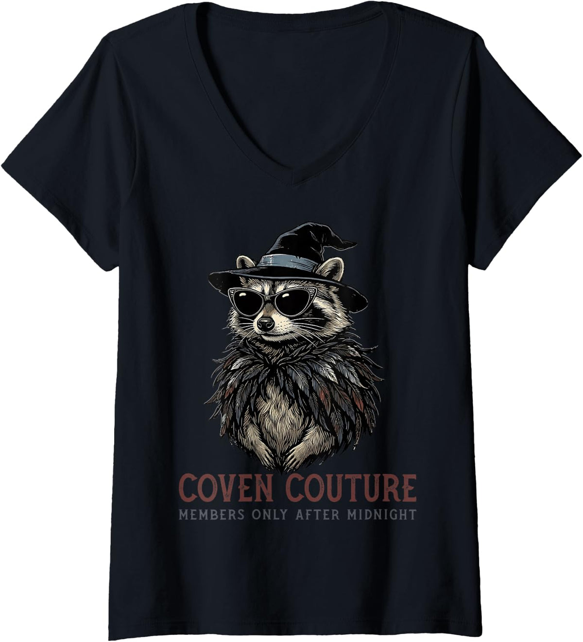 Women's Raccoon Trash Panda Witch Hat Sunglasses Feather Shawl V-Neck T-Shirt - Black