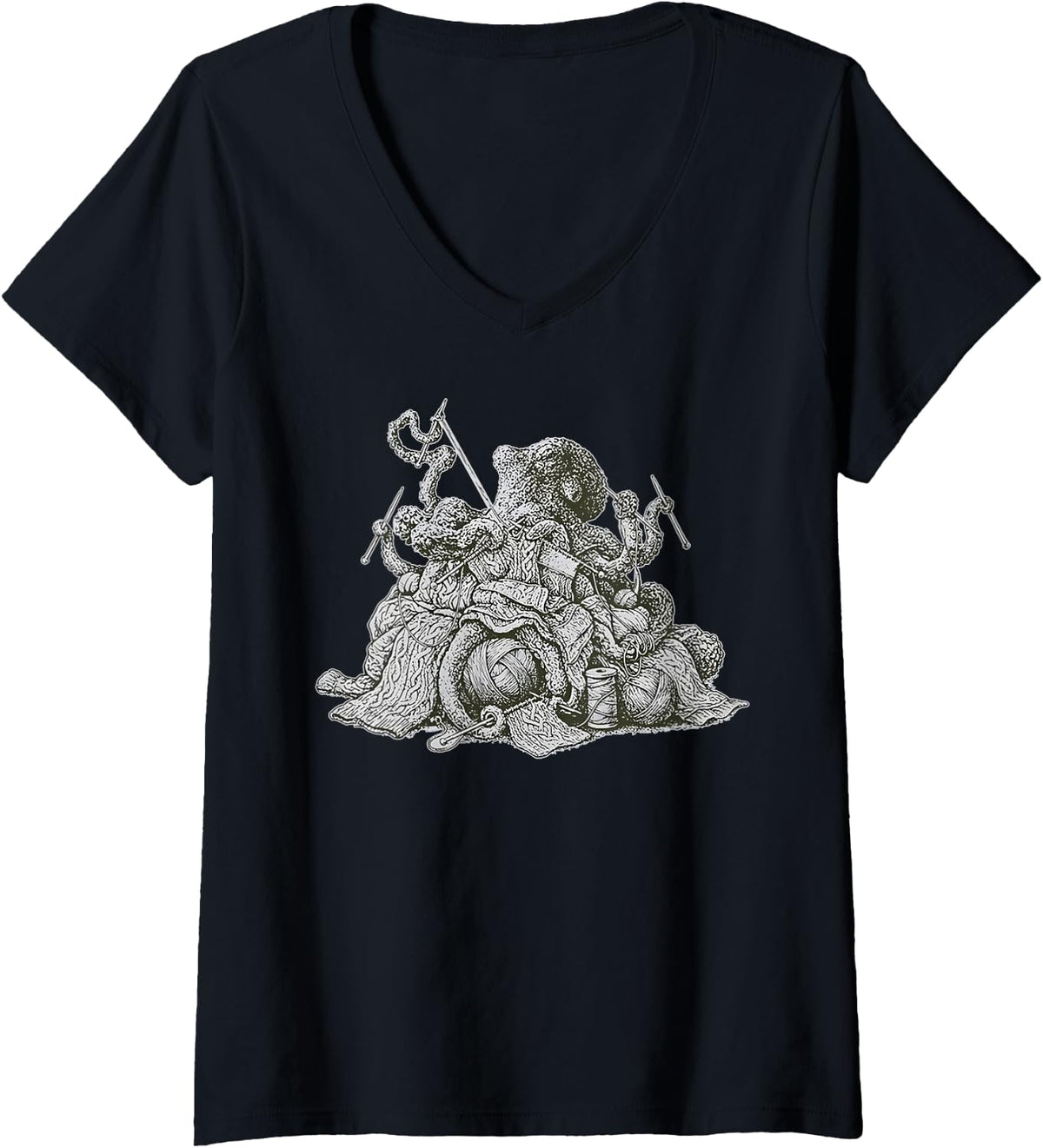 Women's Vintage Octopus Crocheting Knitting Yarn Knitter Crochet V-Neck T-Shirt - Black