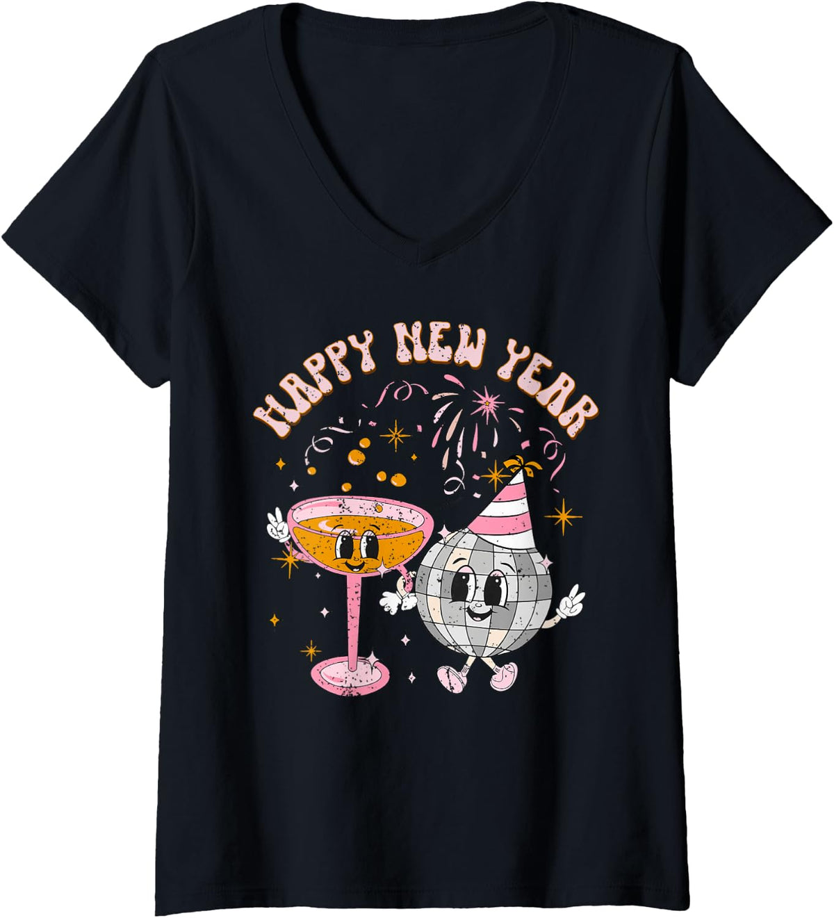 Women's Happy New Year 2025 Disco Ball Wine Glass Cheers Drink Party V-Neck T-Shirt - Black