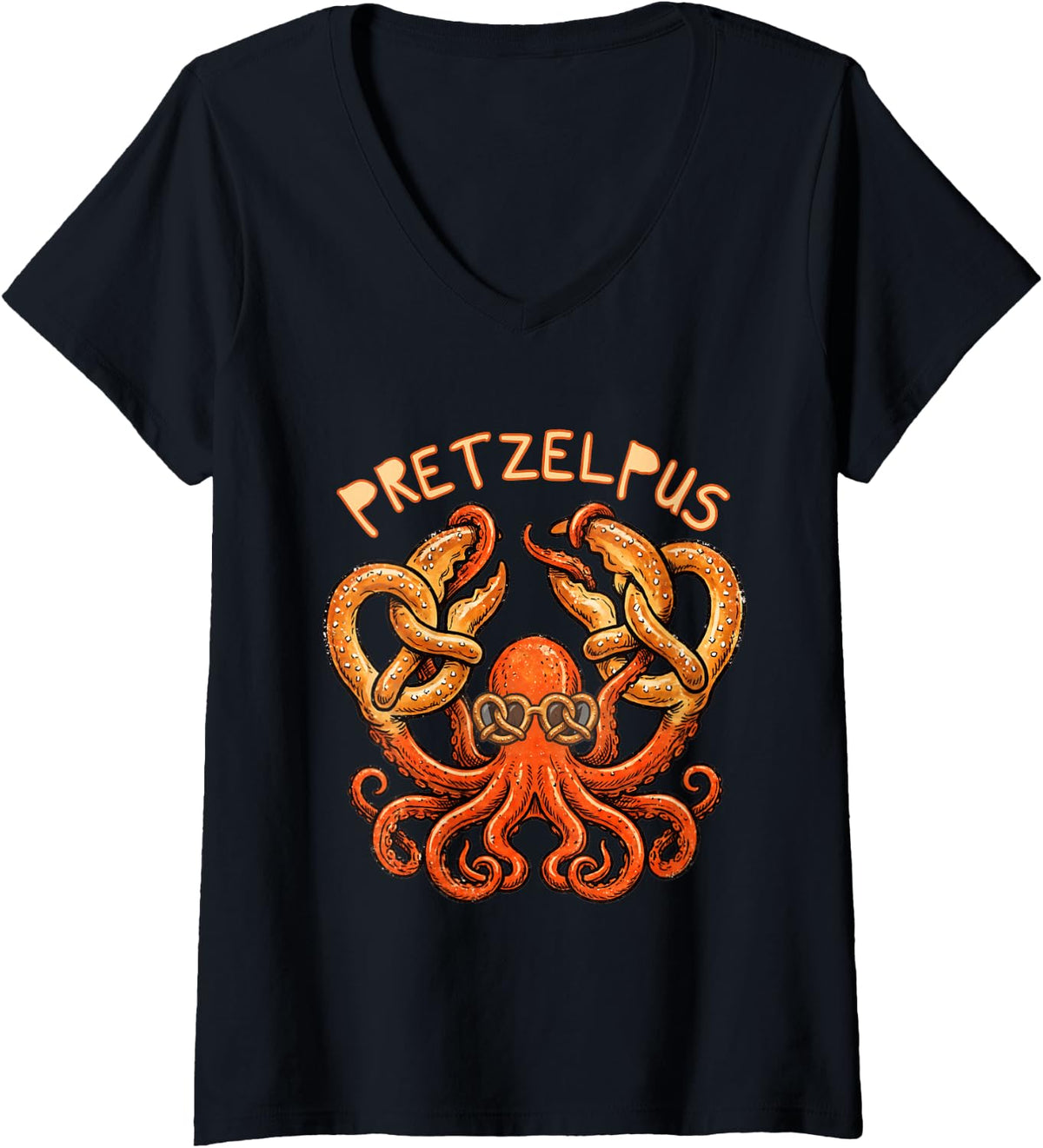 Women's Cute Octopus with German Pretzel Funny V-Neck T-Shirt - Black