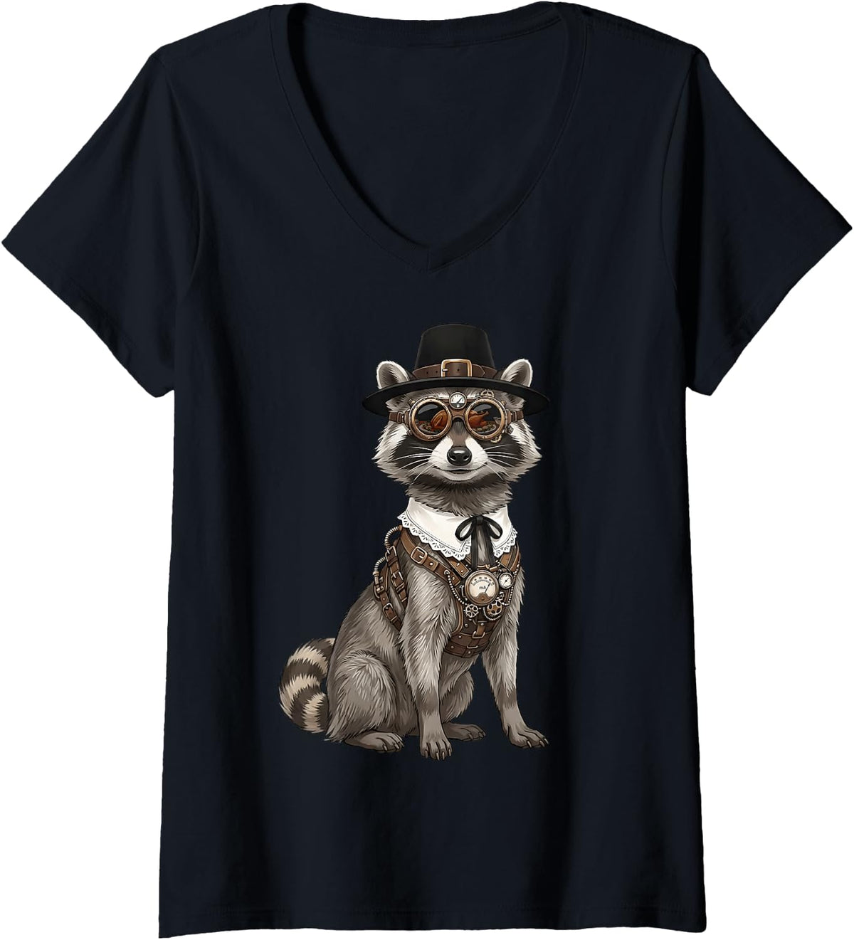 Women's Raccoon Trash Panda Vintage Retro Turkey Day Dinner Fall V-Neck T-Shirt - Black