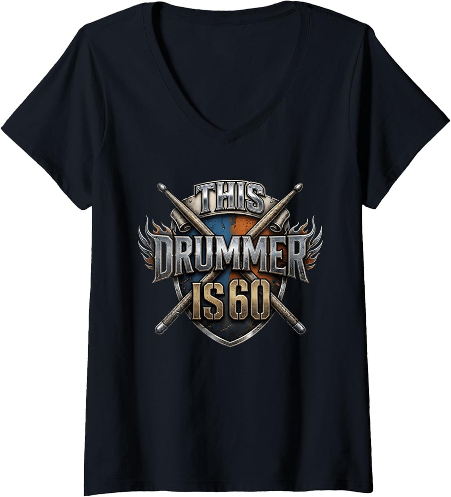 Women's Drummer 60th Birthday V-Neck T-Shirt - Black