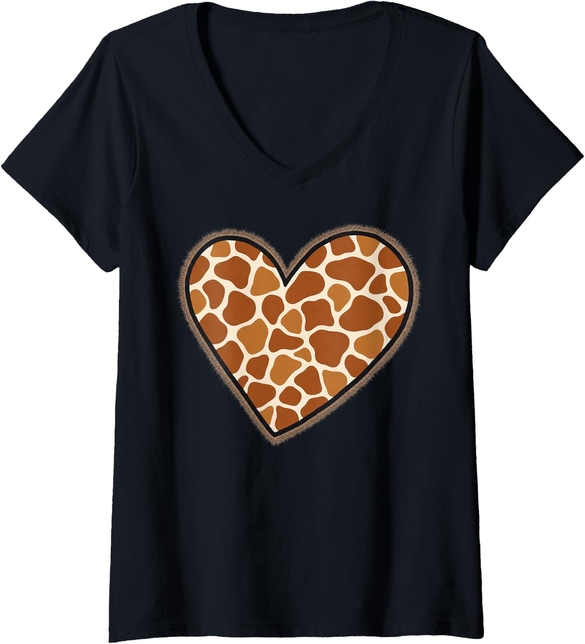 Women's Giraffe Print Heart Animal Art V-Neck T-Shirt - Black