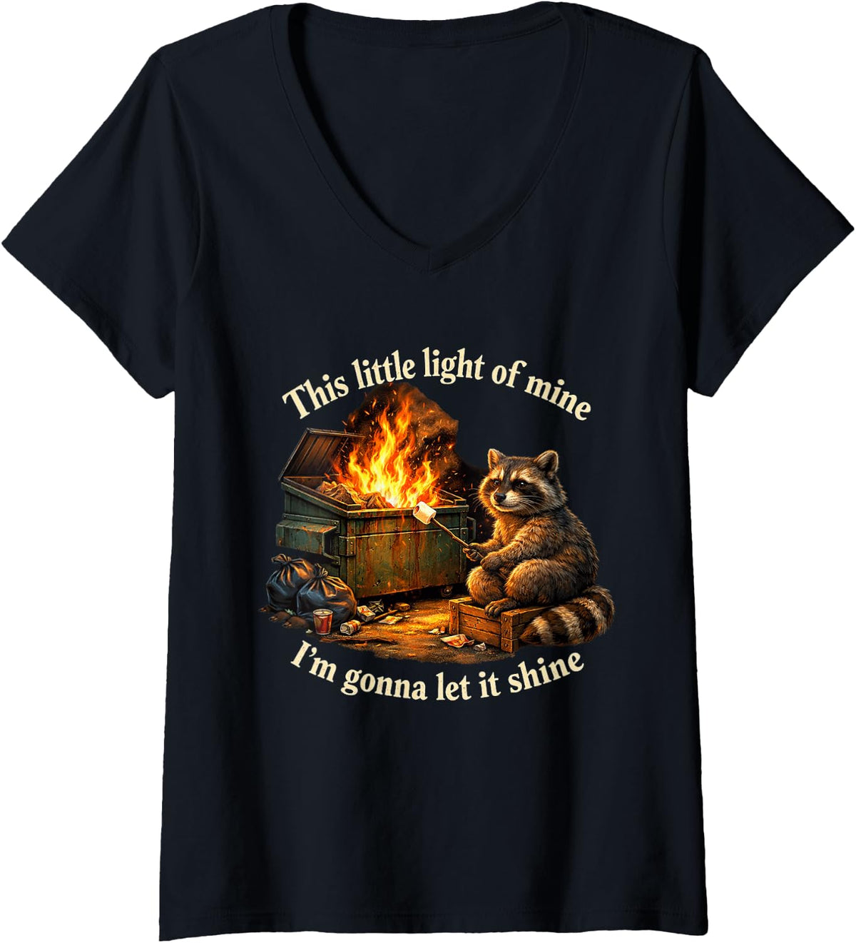 Women's Dumpster Fire Raccoon This Little Light of Mine Funny V-Neck T-Shirt - Black