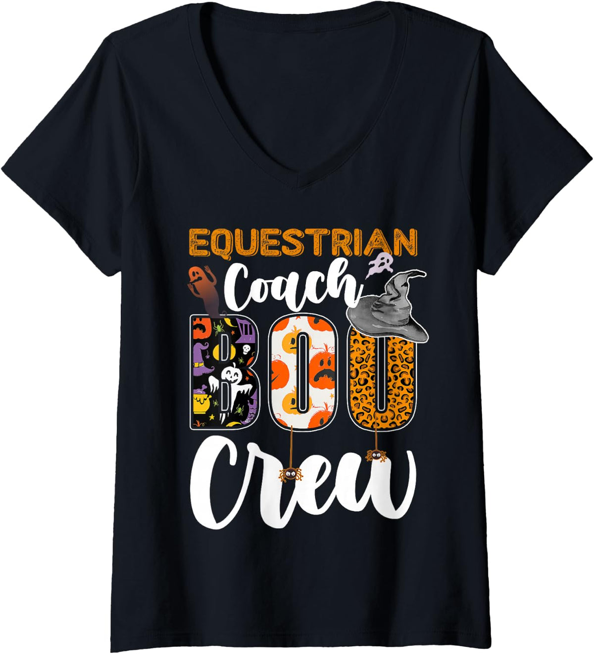 Women's Equestrian Coach Boo Crew Halloween Costume Matching V-Neck T-Shirt - Black