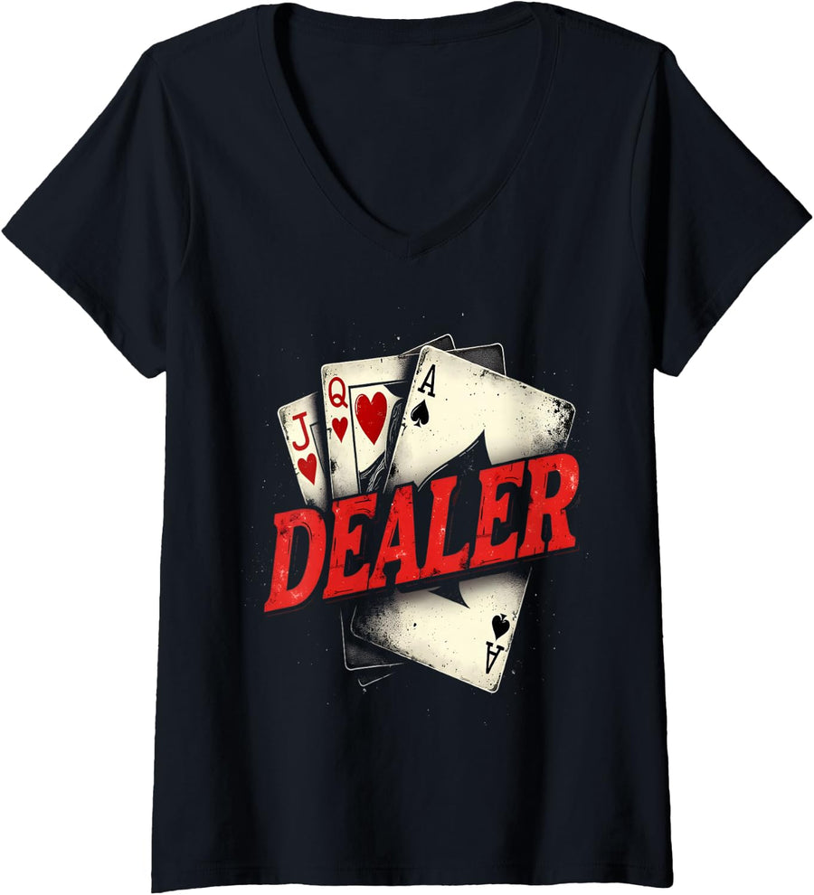 Women's Dealer Playing Cards Poker Casino V-Neck T-Shirt - Black