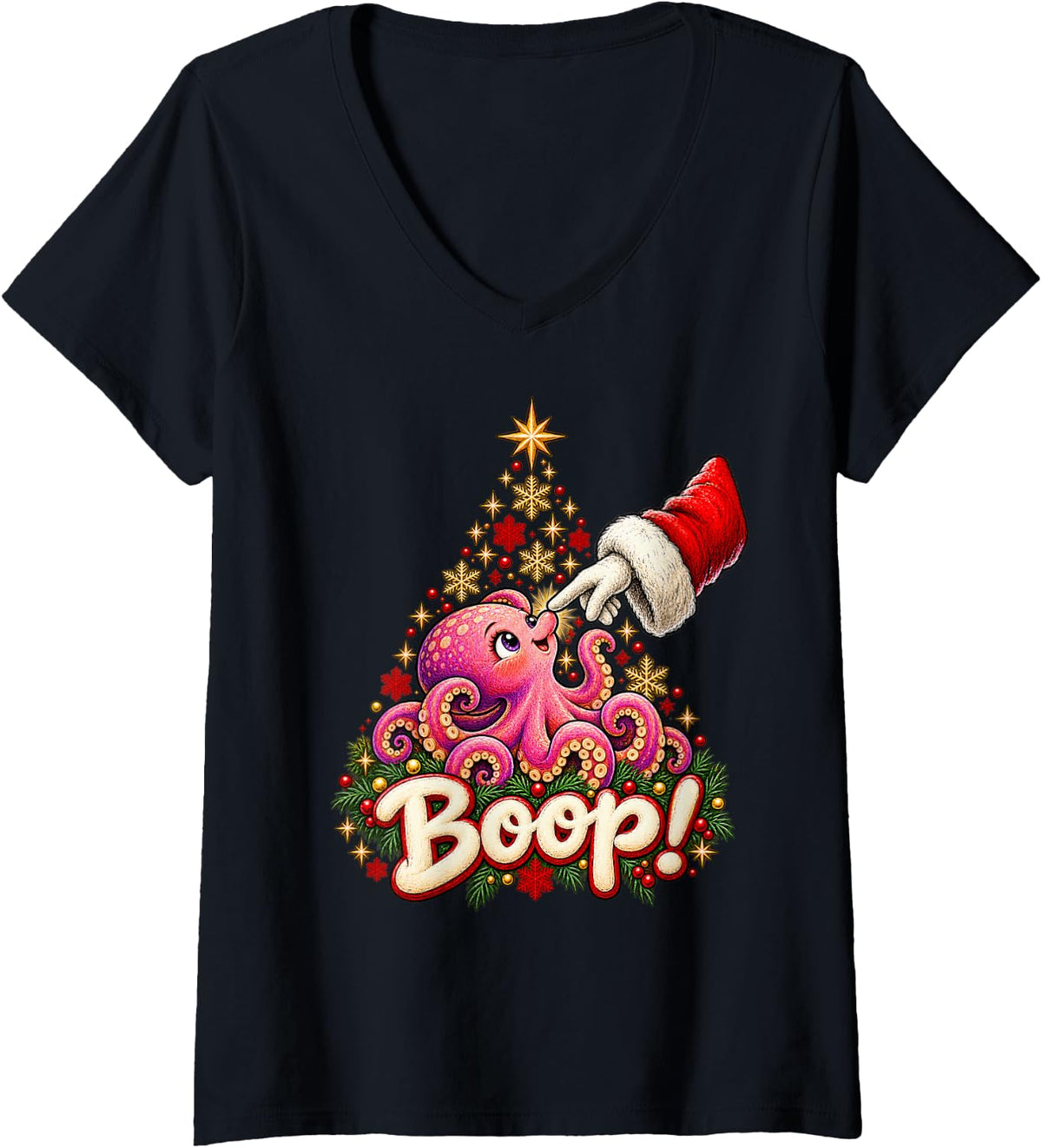 Women's Boop! Adorable Octopus Christmas Nose Boop V-Neck T-Shirt - Black
